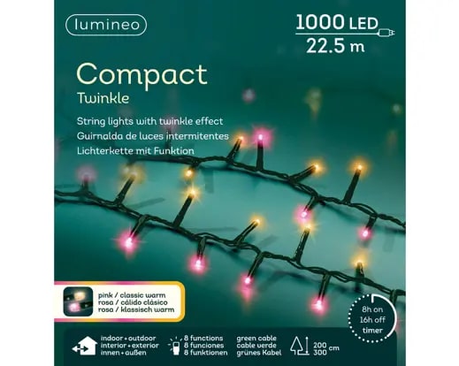 Kerstverlichting LED Compact Twinkle 22.5m - 1000 Lights - Green/Pink/Classic Warm - In/Outdoor