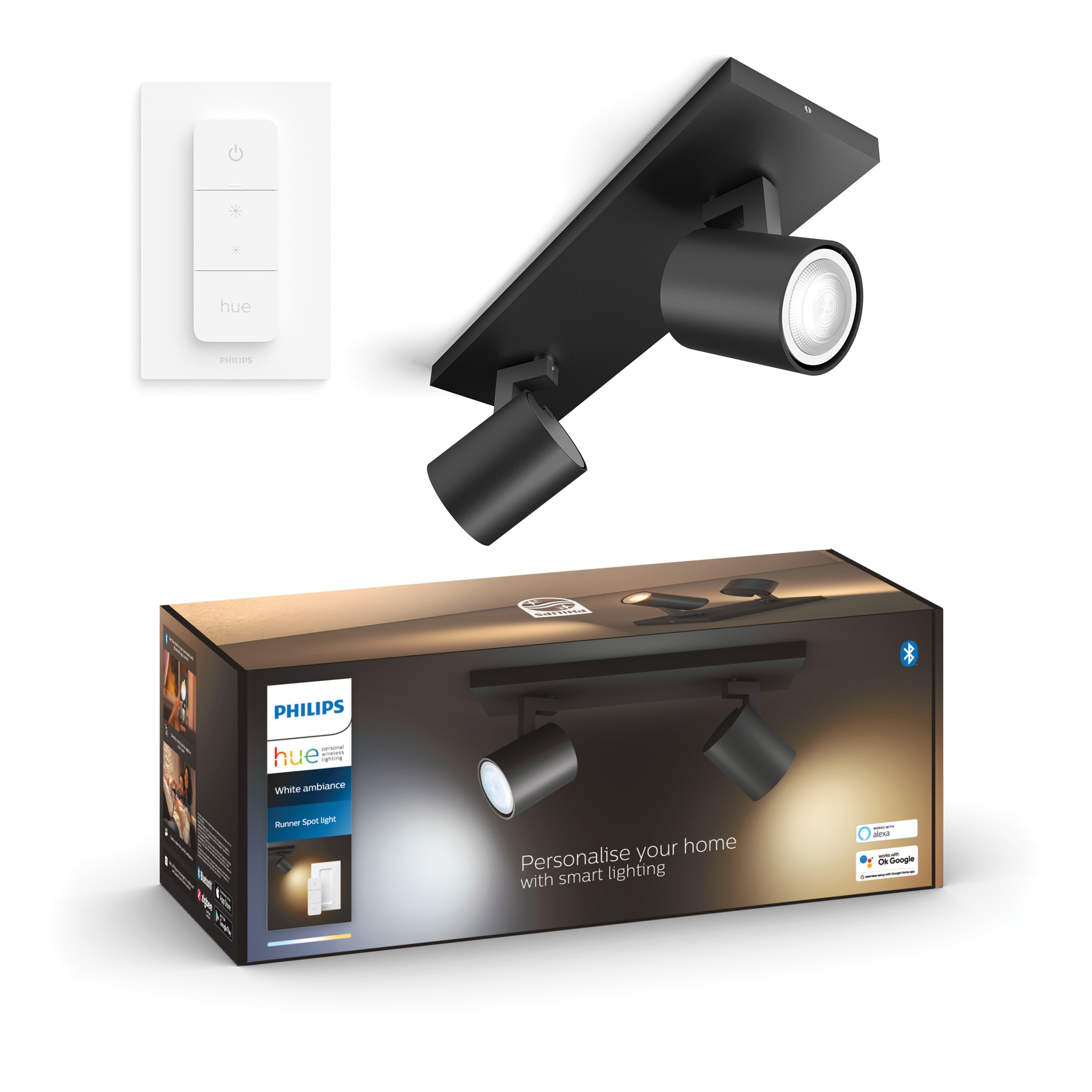 Philips Hue Opbouwspot Runner Zwart 2x GU10 5W White Ambiance met Switch