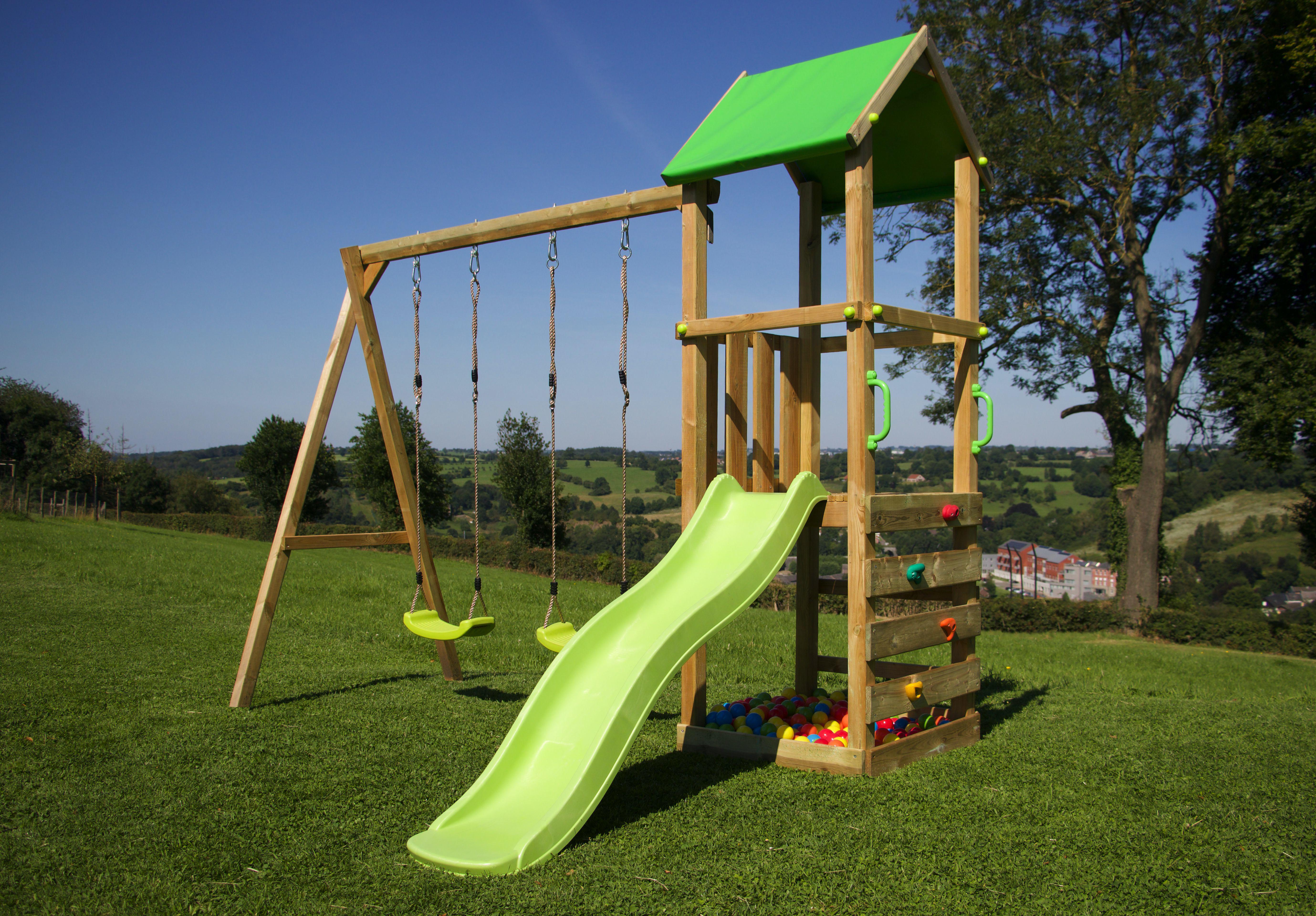 BnB Wood Astrid Schommel en Speeltoren Hout met groene Glijbaan