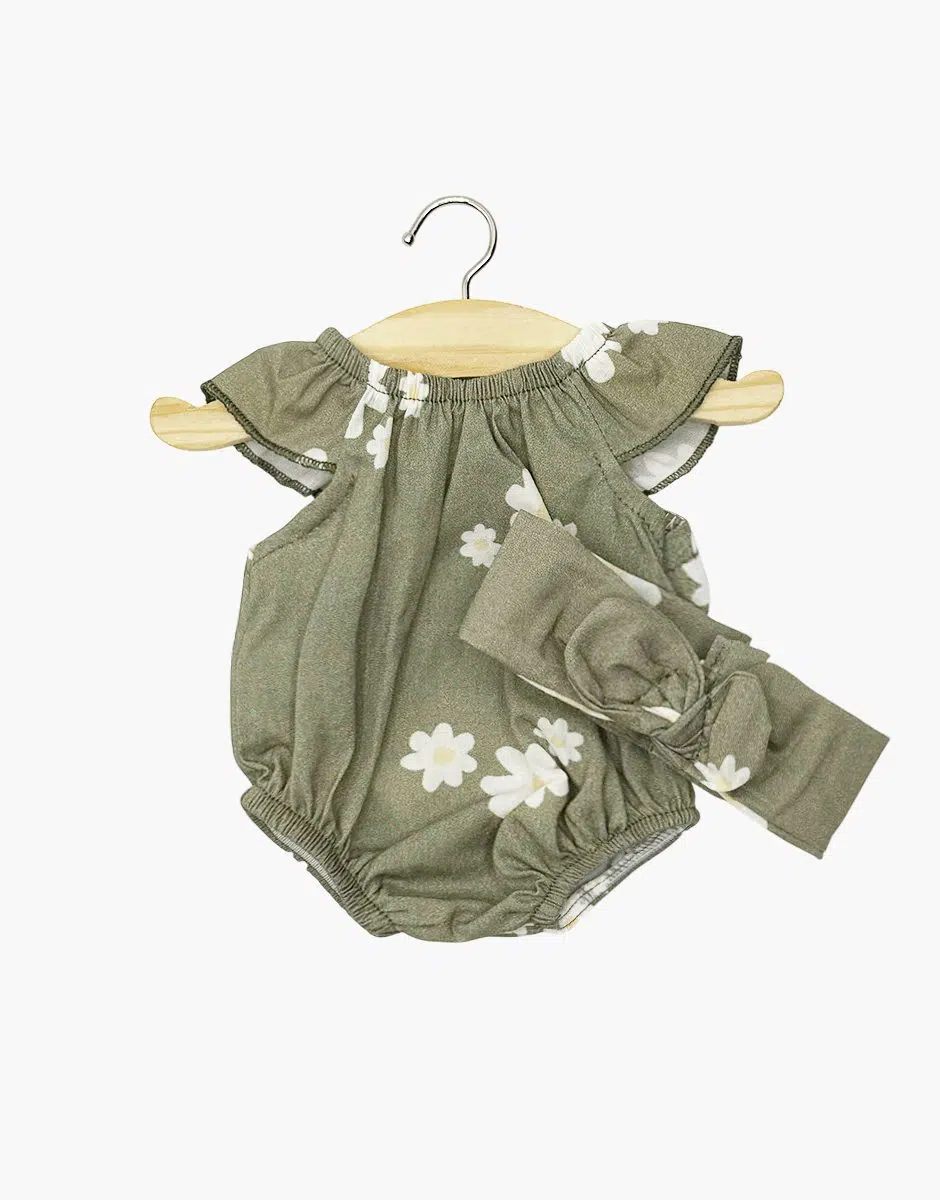 Minikane Babypop Kleertjes - Rompertje met Hoofdband Bloemenprint Khaki 34-37 cm