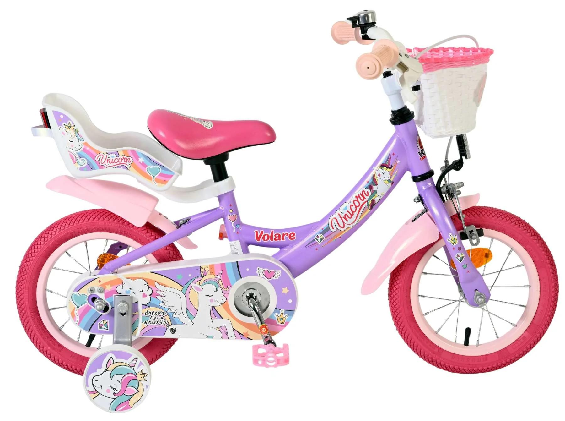 Volare Unicorn Kinderfiets Paars Handrem+Terugtraprem met Mandje en Poppenstoeltje 12 inch