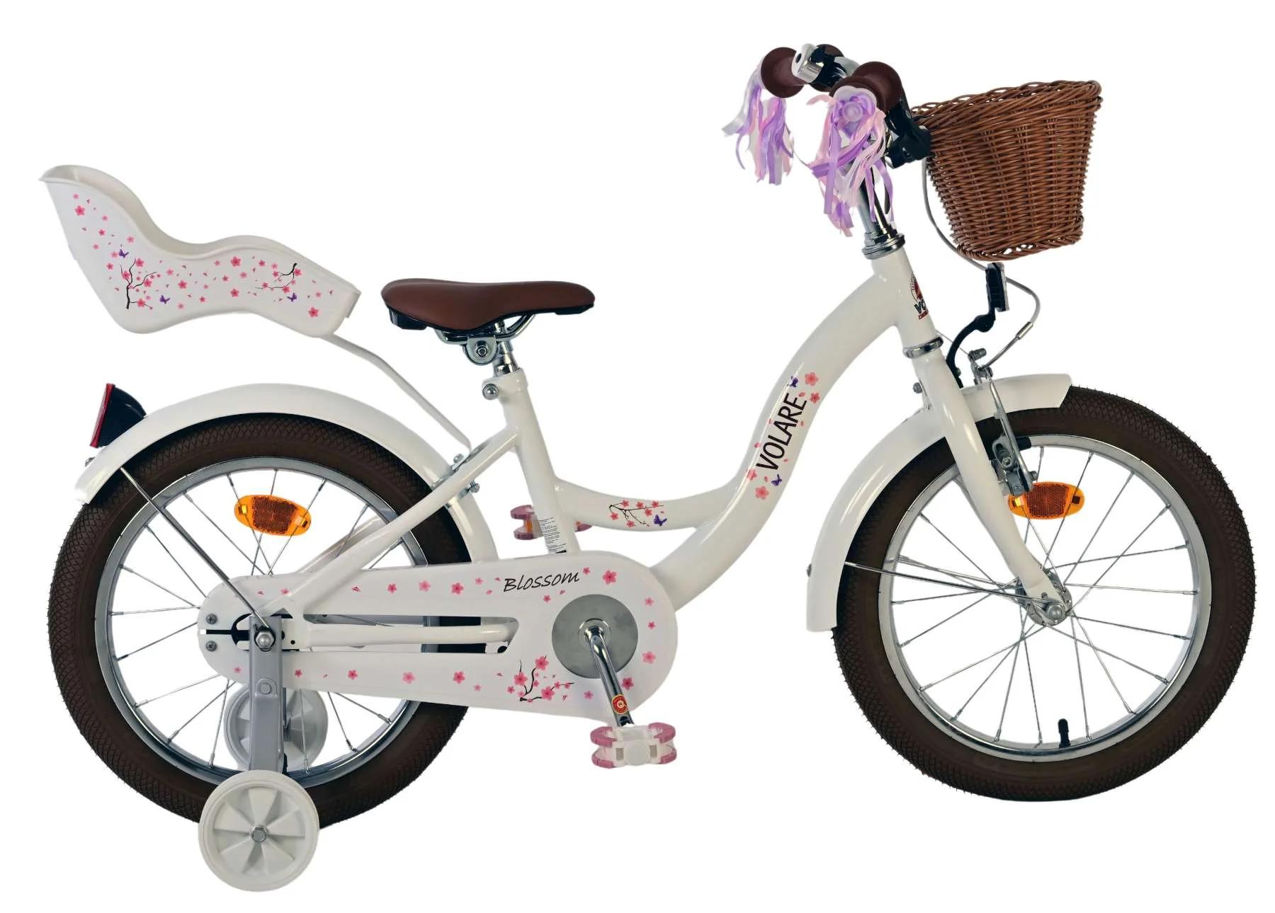 Volare Blossom Kinderfiets Wit Handrem+Terugtraprem met Mandje en Poppenstoeltje 16 inch