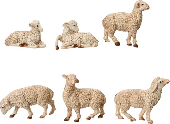 Kerststal Figuren Schapen 12 cm - 6stuks - Creme/Wit - Polyresin 