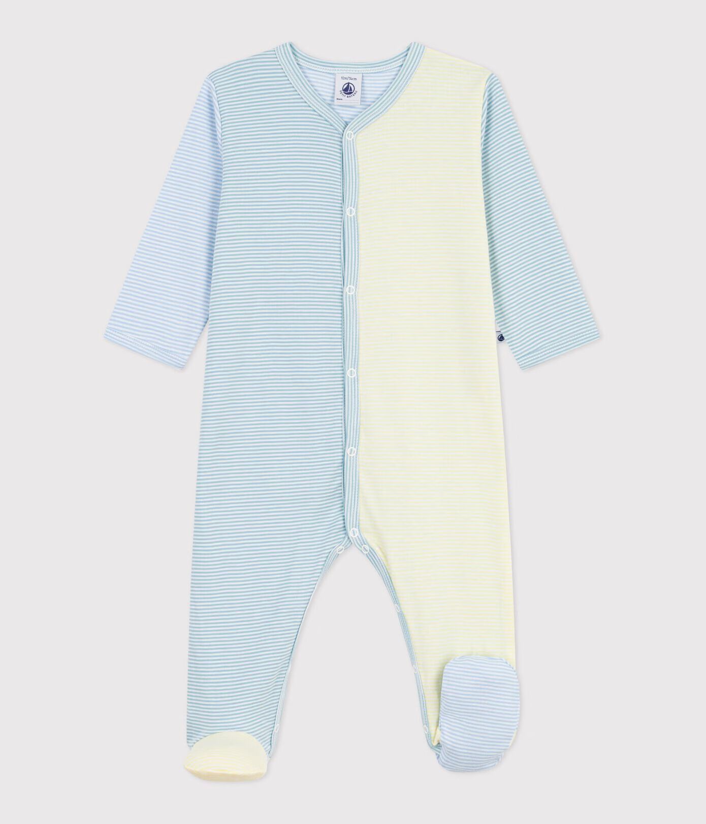 Petit Bateau Pyjama met Voetjes Baby Gestreept Blauw-Geel-Wit - 9 maand