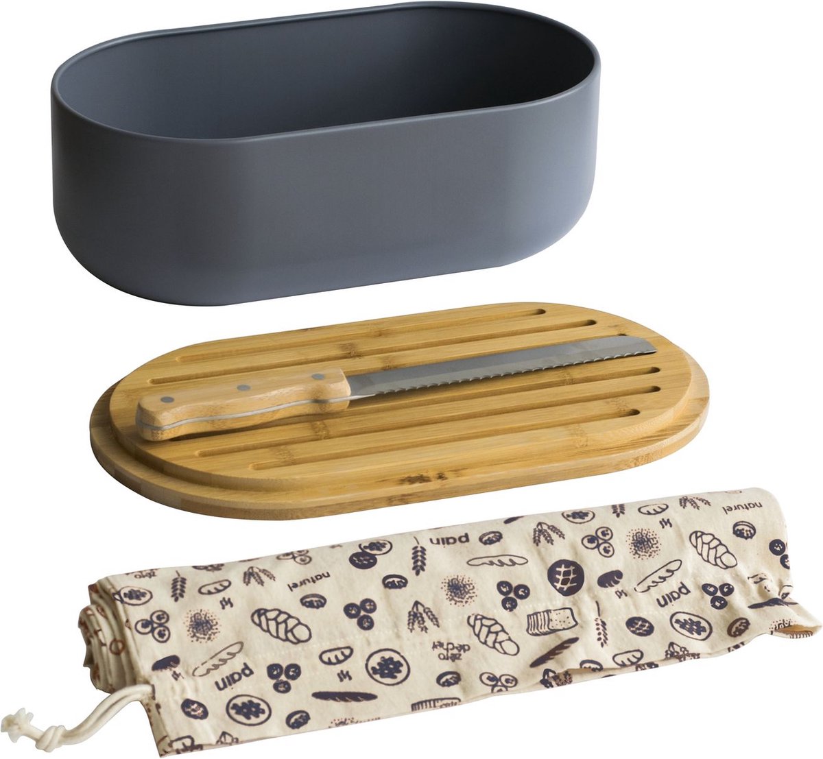 Pebbly Broodtrommel Ardoise 36x20x13 cm - Deksel als Snijplank - met Broodmes 32cm &  Broodzak Katoen - Metaal/Bamboe