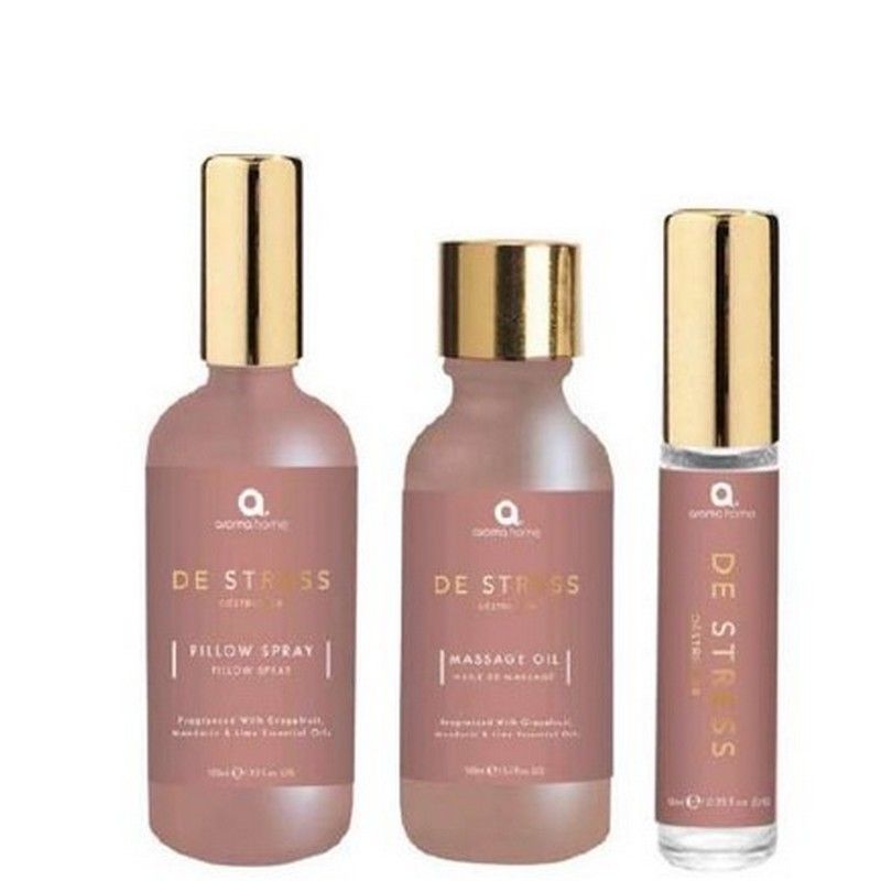 Aroma Home De-Stress Set 3-delig - Kussenspray-Massage Olie-Roller