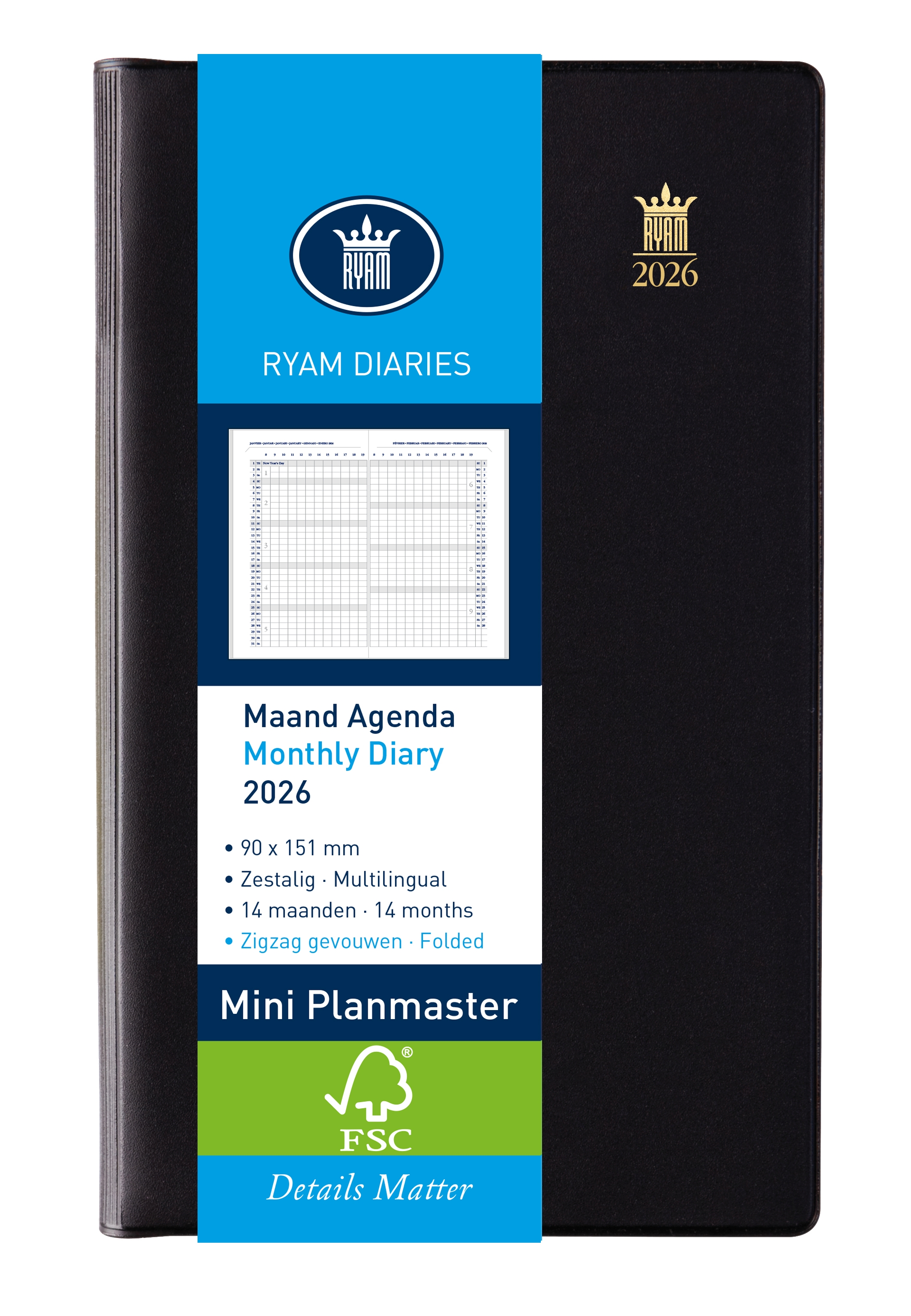 Ryam Agenda 2026 Miniplanner Suprema Creme 1maand/2pag Zwart 9x15 cm