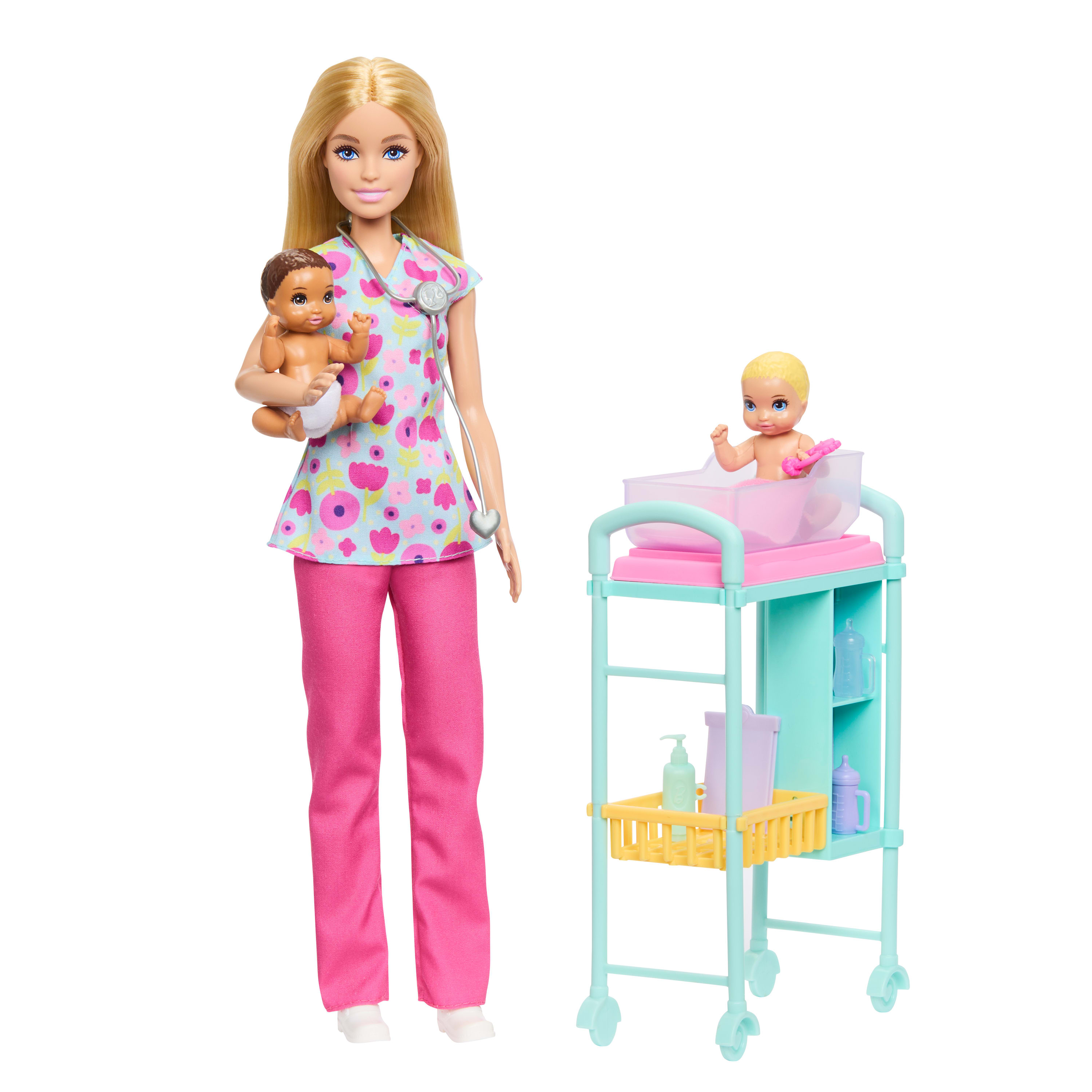 Barbie Baby Dokter pop met 2 baby's, verzorgingstafel en acc.