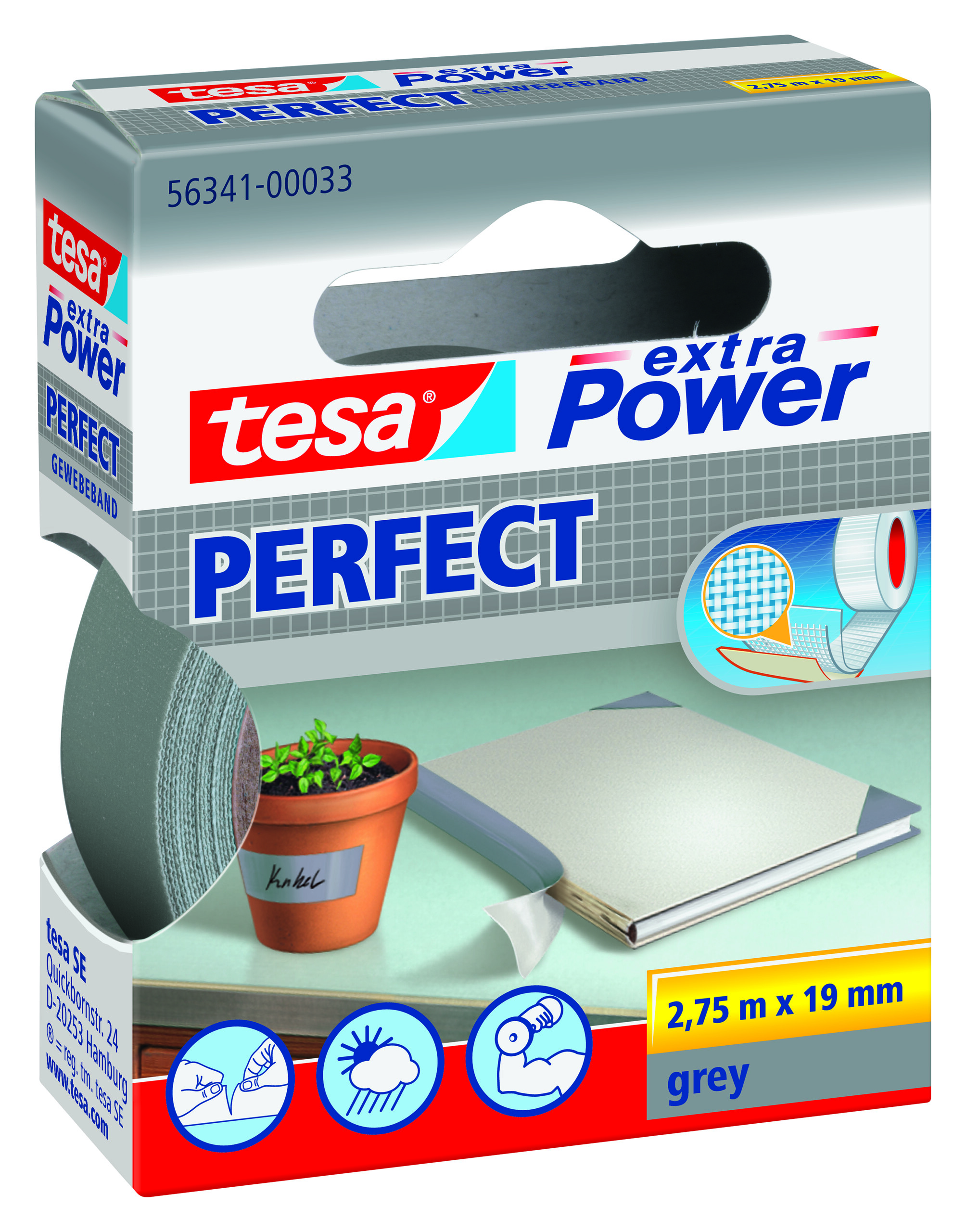 Tesa Extra Power Kleefband Perfect 2.75 m x 19 mm Grijs