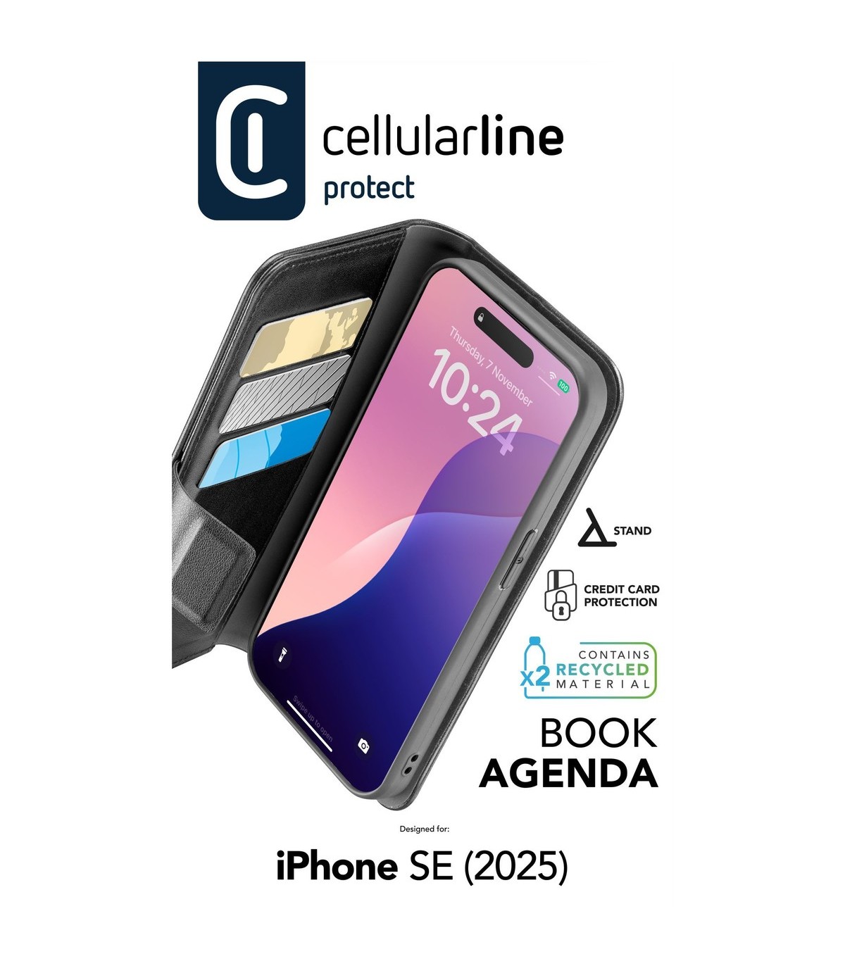 Cellularline iPhone 16 E, hoesje Book Agenda, zwart