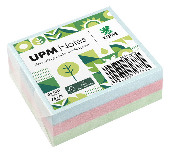 UPM Sticky Notes Pastel Blauw-Groen-Roze 75x75 mm 3x100 vel