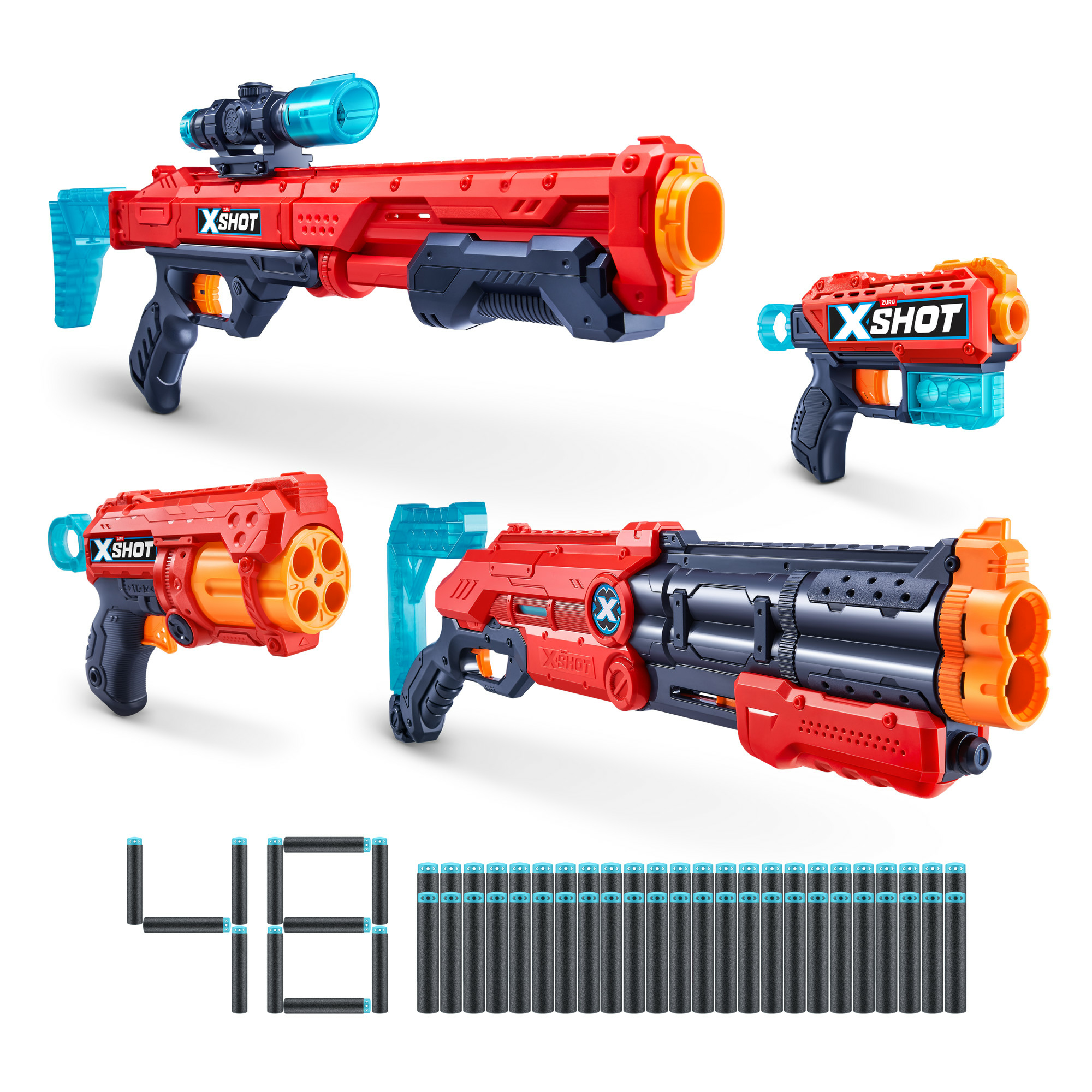 X-Shot, Ultimate Shootout Pack 4 Pistolen met pijltjes, 48 Pijlen