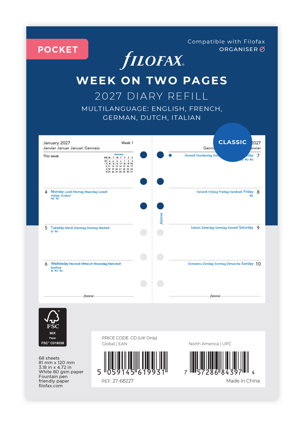 Filofax Agendavulling 2027 Classic Pocket Meertalig 1week/2pag 8.1x12 cm