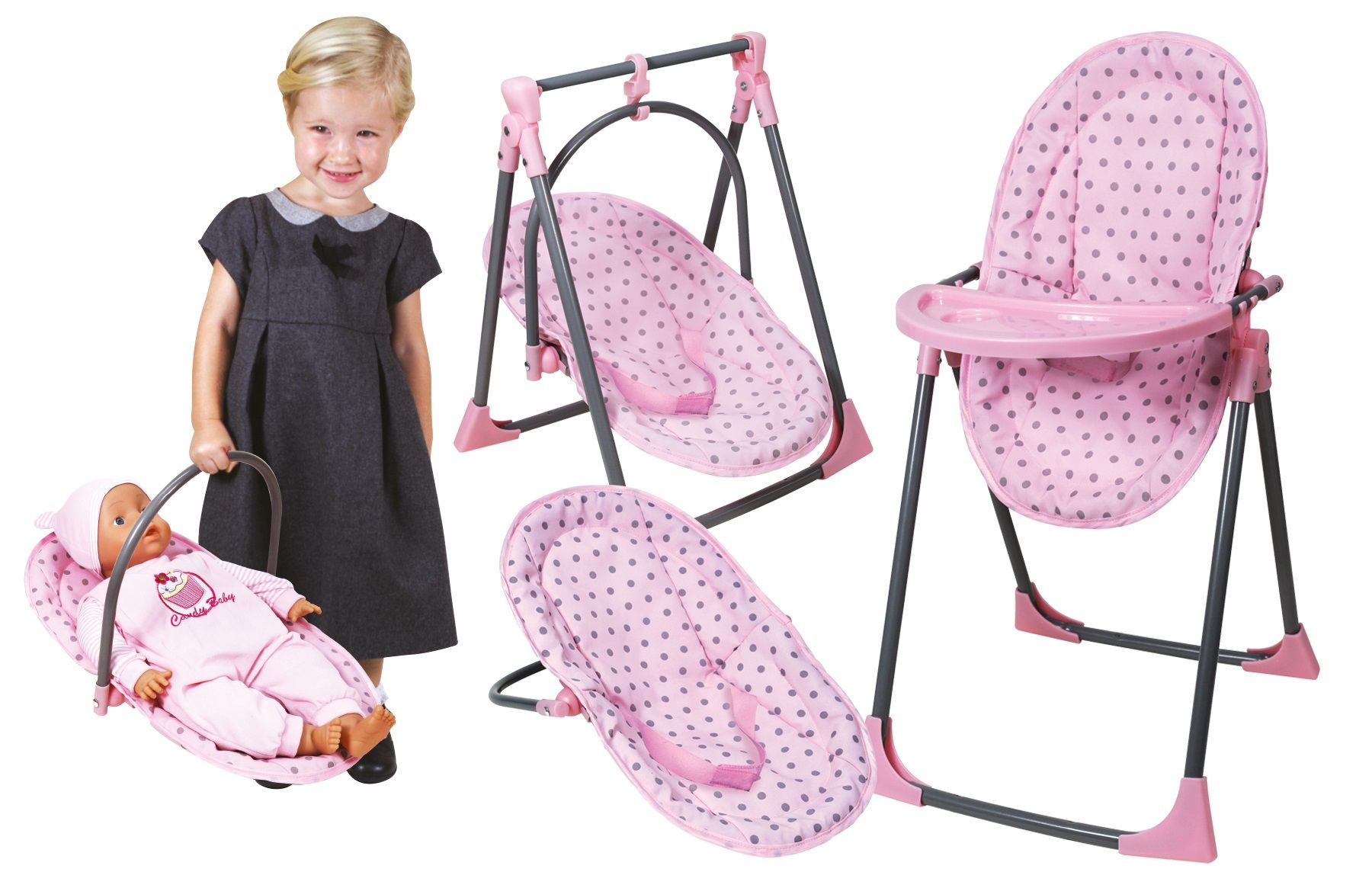 Lissi 4-in-1 Stoelenset voor poppen: Schommel, Hoge Stoel, Wipper en Drager