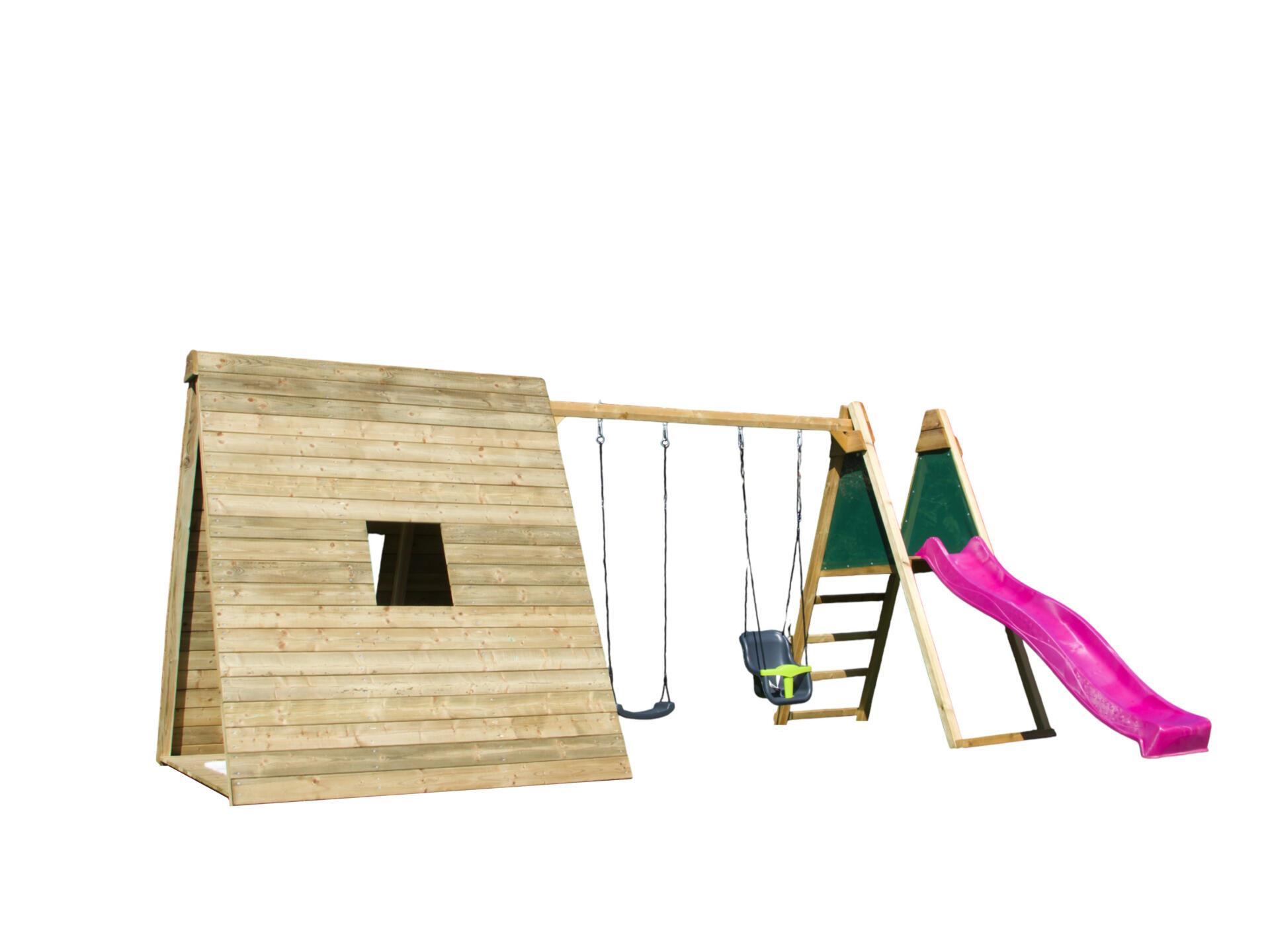 BnB Wood Totem Speelhuis met Schommel en fuchsia Glijbaan