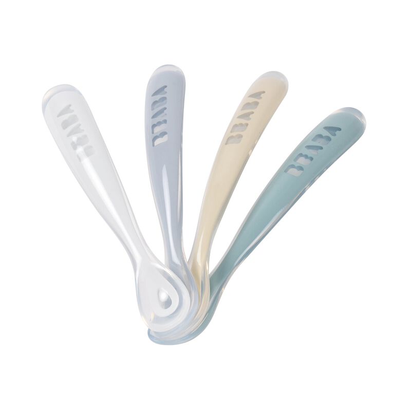 Beaba Lepel Silicone 1ste leeftijd Kiezel-Wolkenblauw-Baltisch Blauw-Clay - 4 stuks