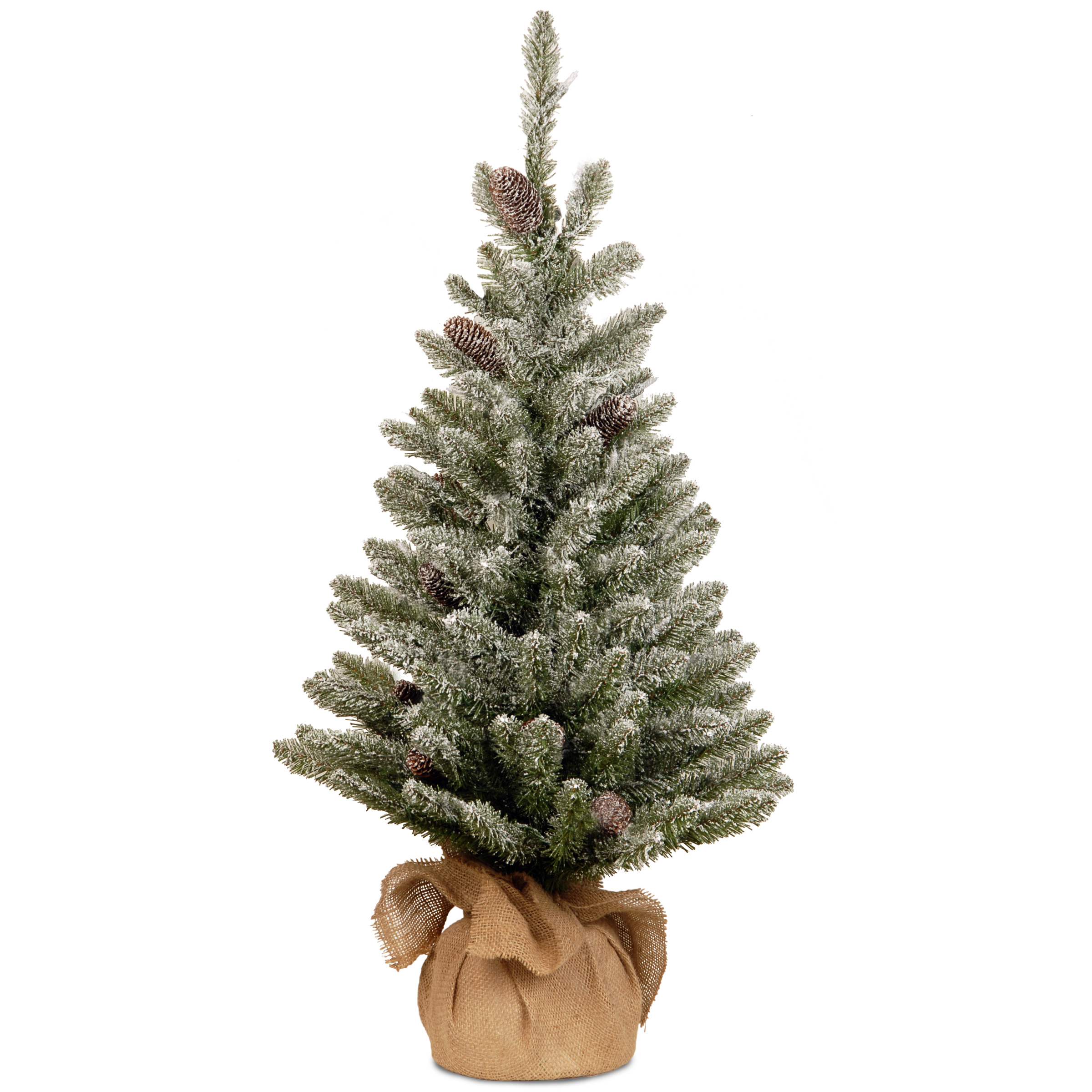 Kerstboom Snowy Concolor 91x51 cm met Dennenappels - 130 Tips - PVC - in Jute Zak