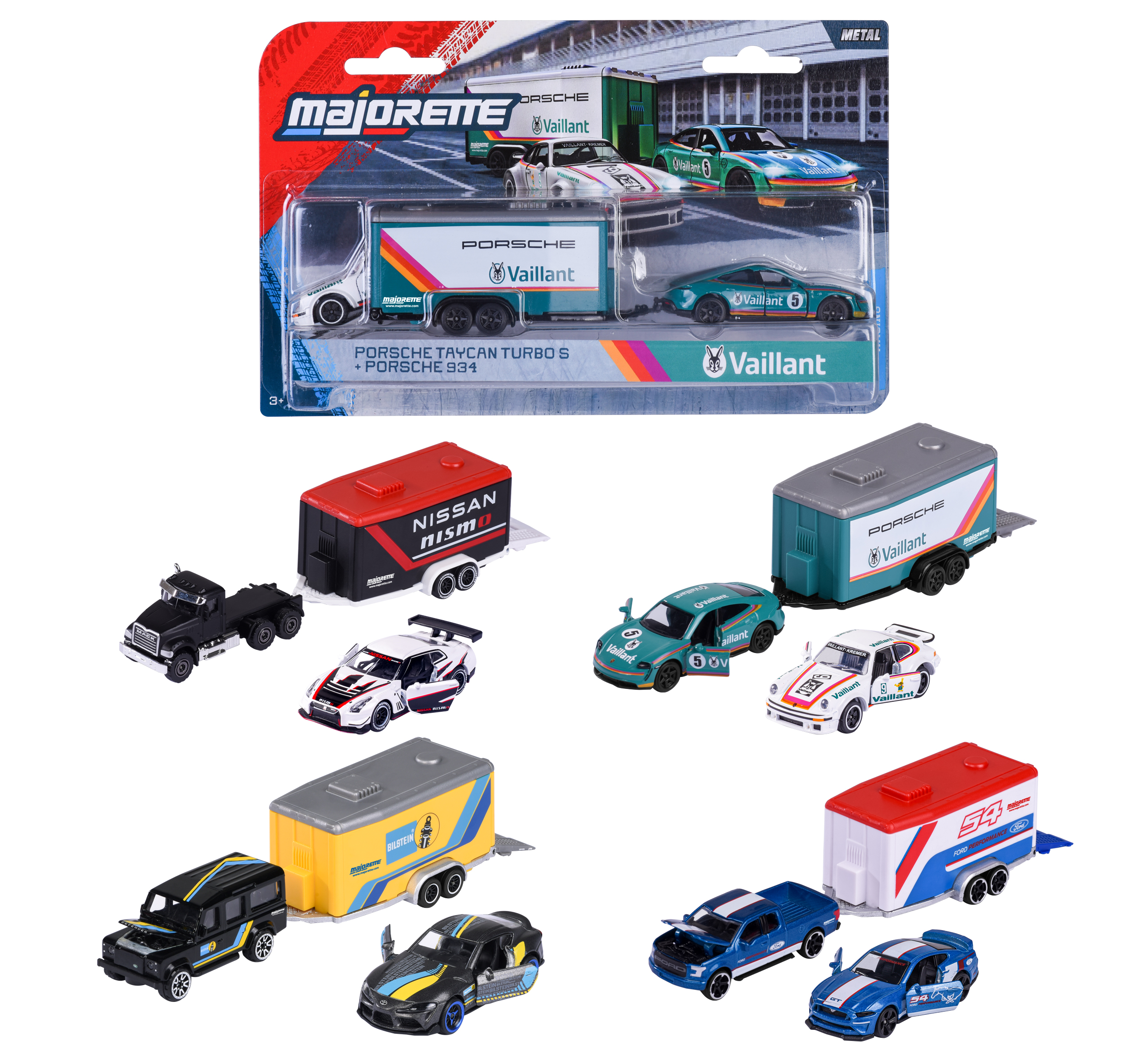 Majorette Race Trailer met 2 metalen voertuigen