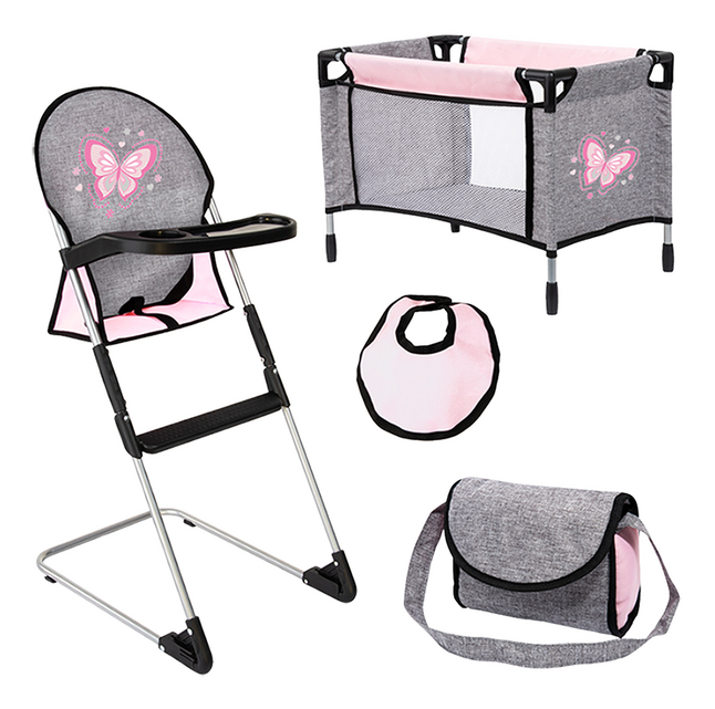 Poppenreisset 4-delig met reisbed en hoge stoel, met eenhoorndecor