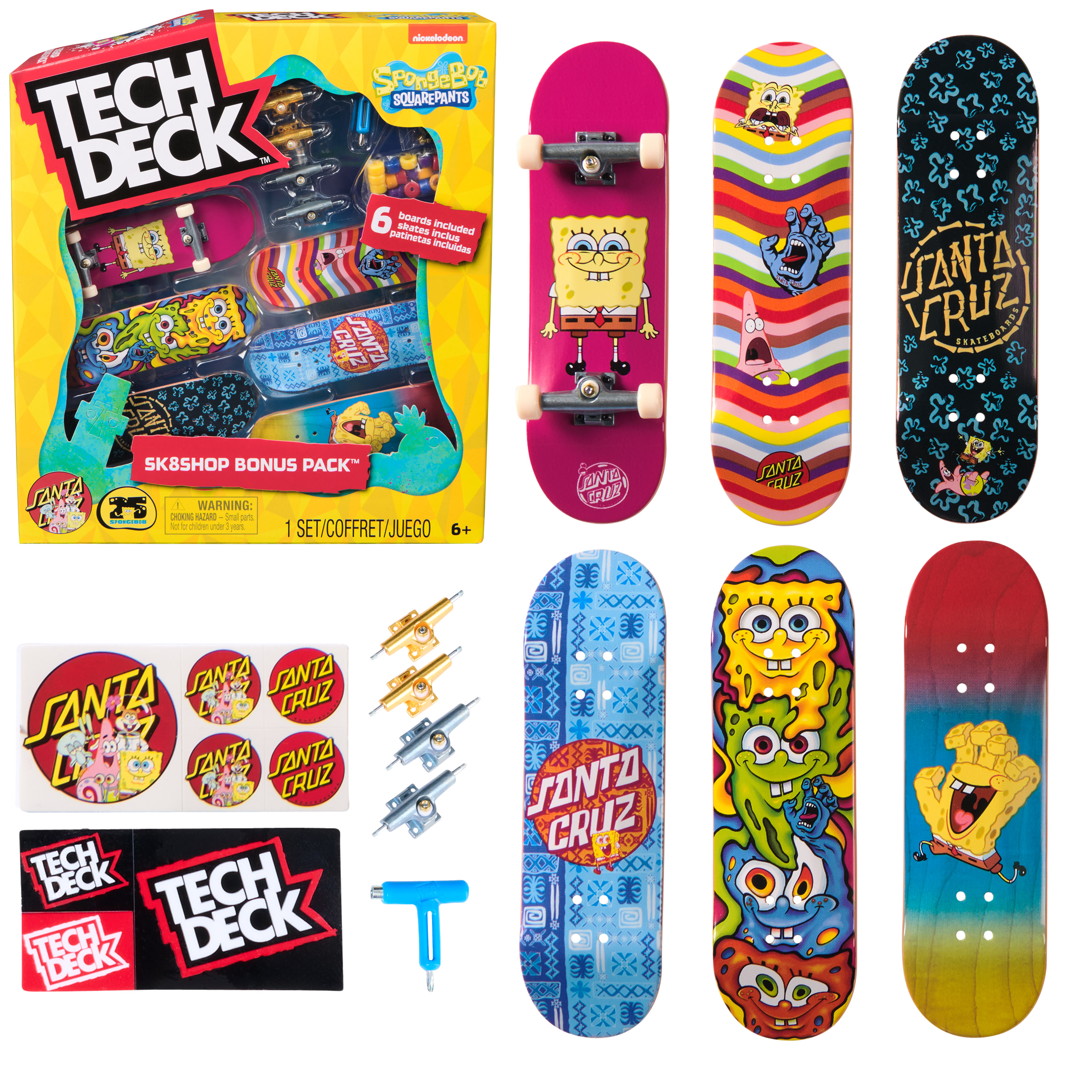 Tech Deck Skate Shop Bonus Pack, 6 fingerboards met extra wielen Sponge Bob