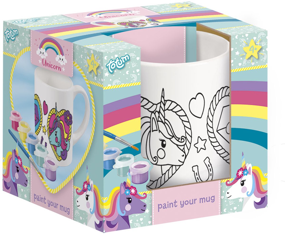 Totum Unicorn keramieken inkleurmok inclusief verfstrip 5 kleuren en penseel