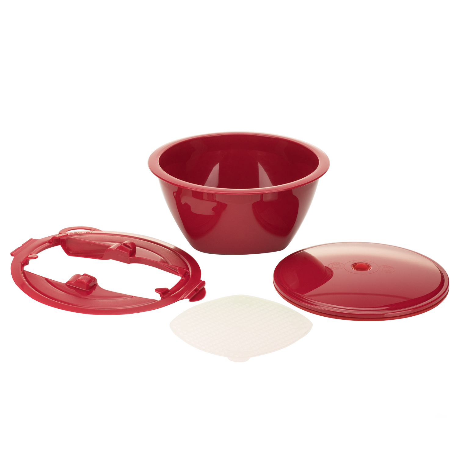 Borner Multimaker Set Rood Kom met Deksel/Zeef/Multiplate - Compatibel met alle Borner Mandolines