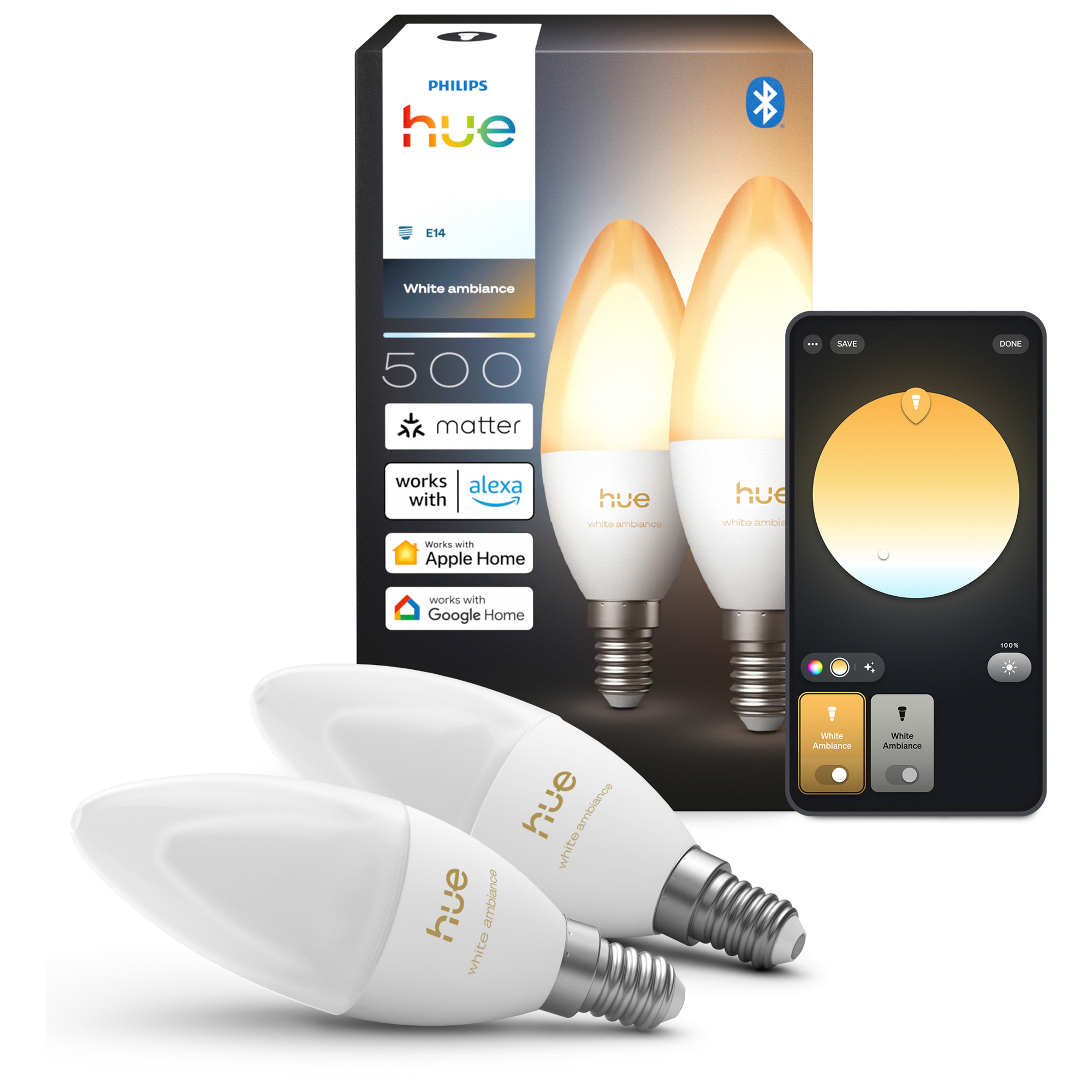 Philips Hue LED Kaarslamp B39 E14 4W White Ambiance BT - 2 stuks