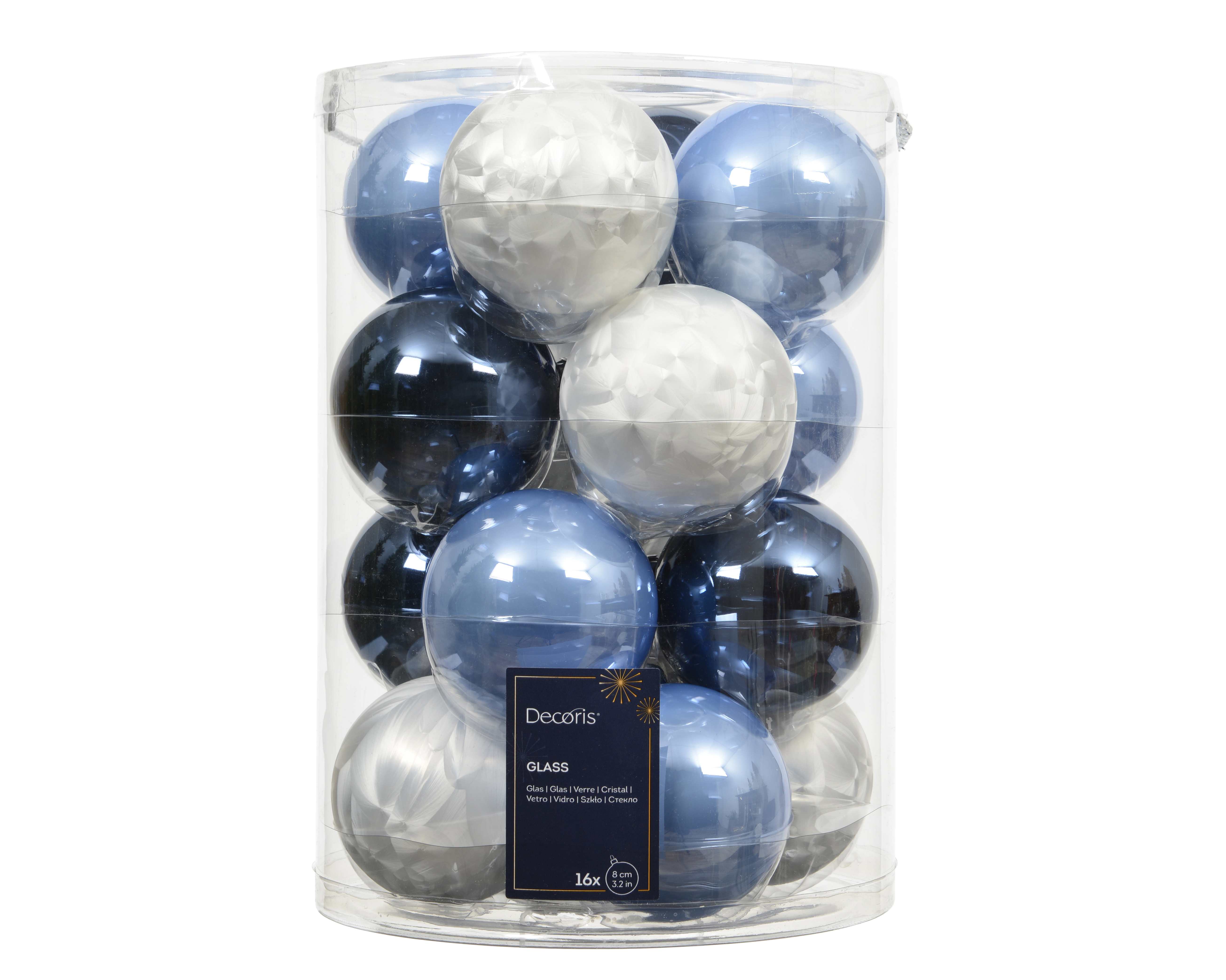 Kerstbal Glas Blauw Mix 8cm set 16 stuks - Glanzend/Emaille
