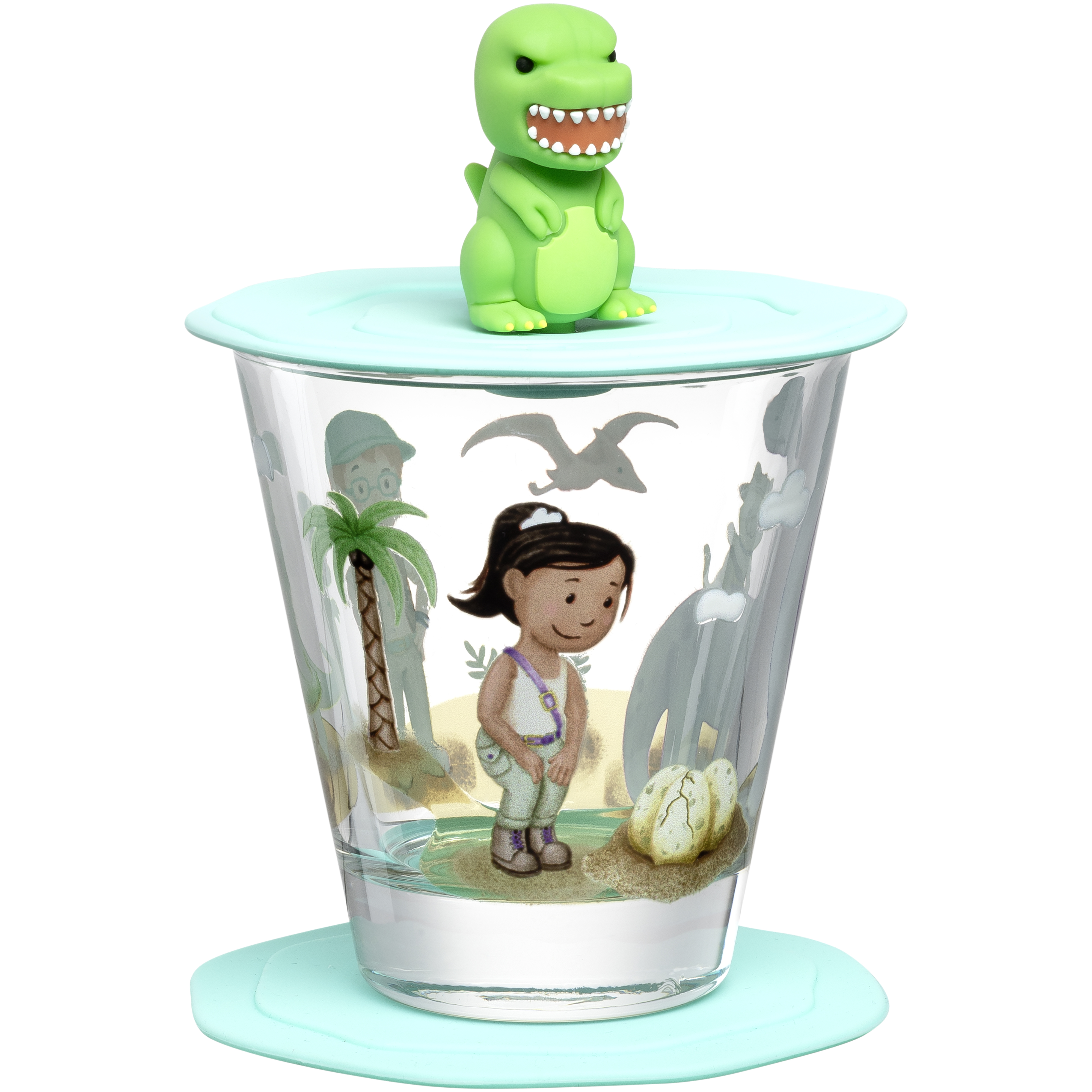 Leonardo Drinkglas Bambini Dino 215ml met Deksel & Silicone Glasonderzetter - 10.8x10 cm - Deksel met Gleuf voor Rietje