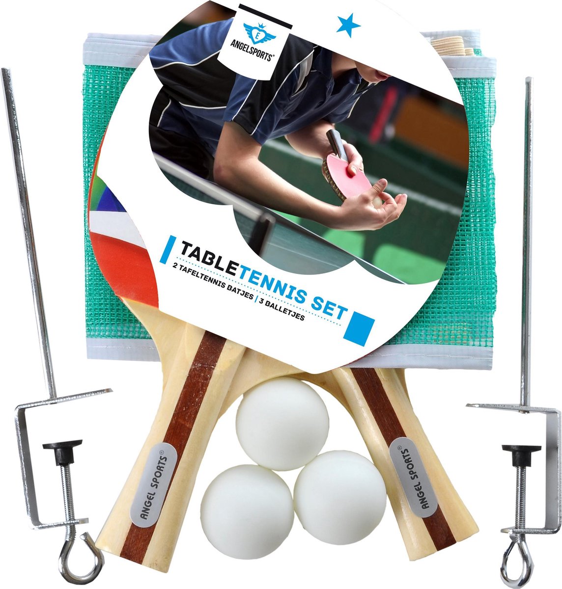 Angel Sports Tafeltennis Set, 2 Palletten 1 Ster met Net en 3 Balletjes
