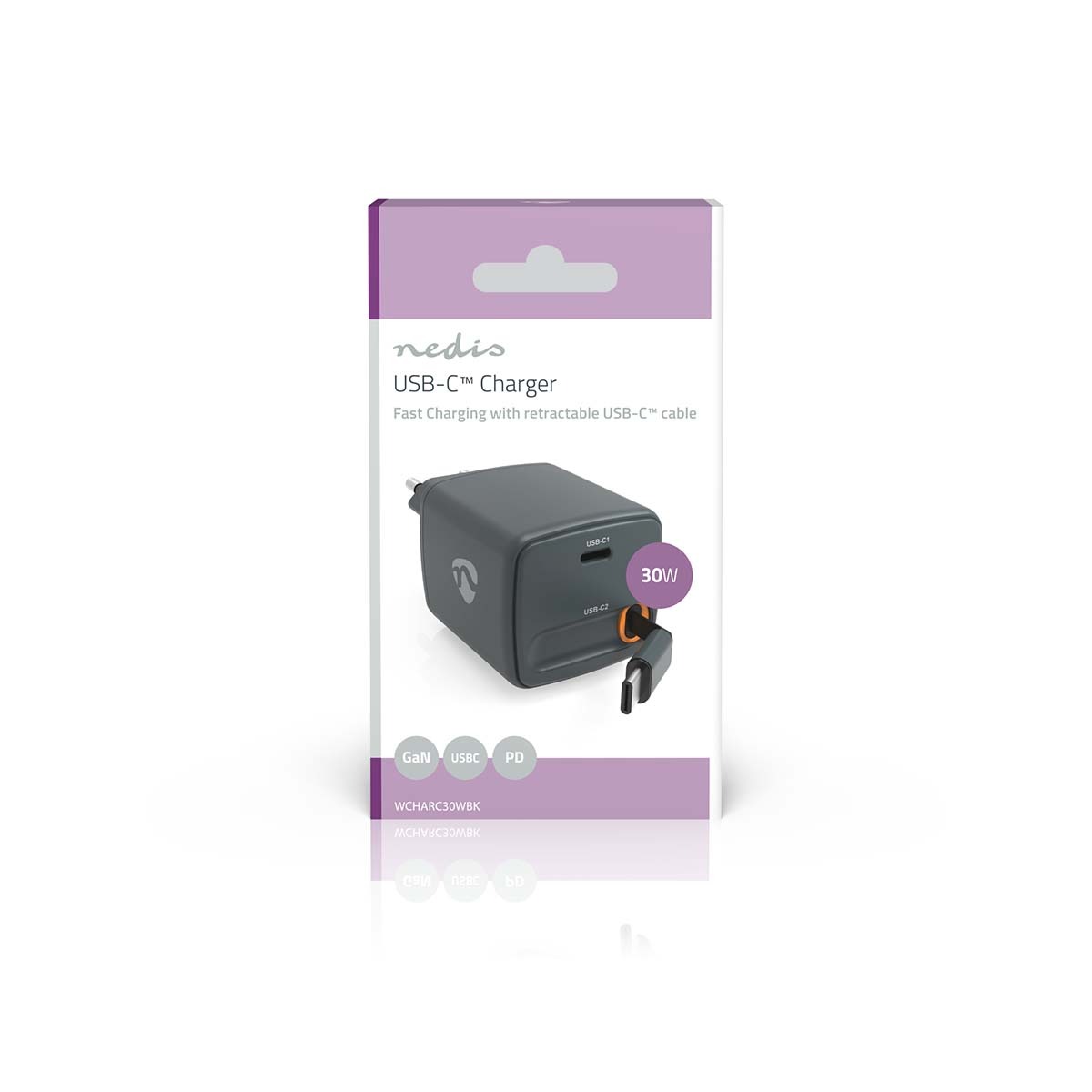 Nedis Wandoplader 30 W met Intrekbare Kabel USB-C 0.75 m Zwart
