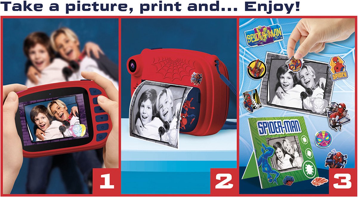 Marvel Spiderman Print Camera, groot scherm, 32 Gb, oplaadbaar met 3 ...