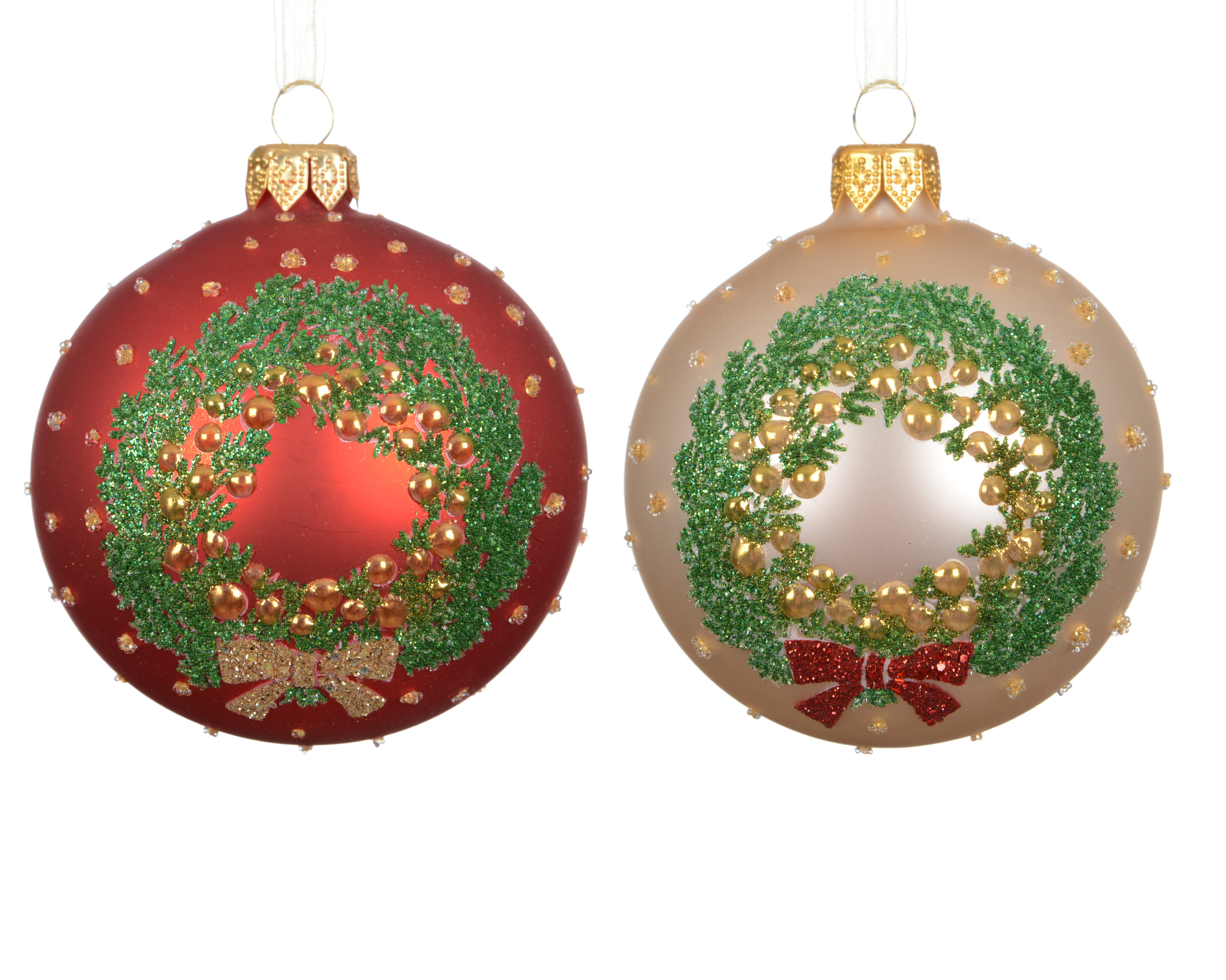 Kerstbal Glas 8cm met Kerstkrans - Mat - assorti - prijs per stuk