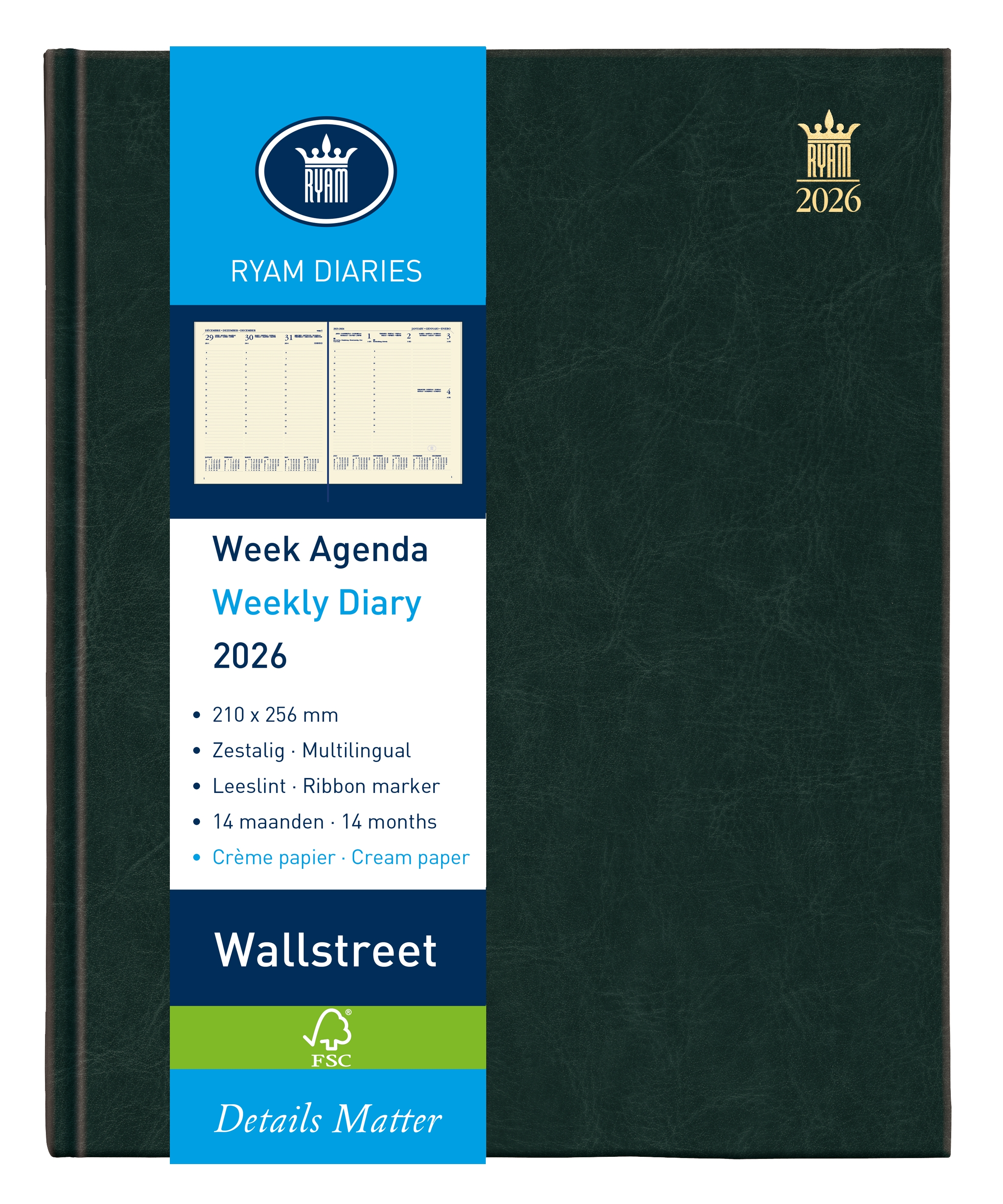 Ryam Agenda 2026 Wallstreet Mundior Creme 1week/2pag Zwart 21x25.5 cm