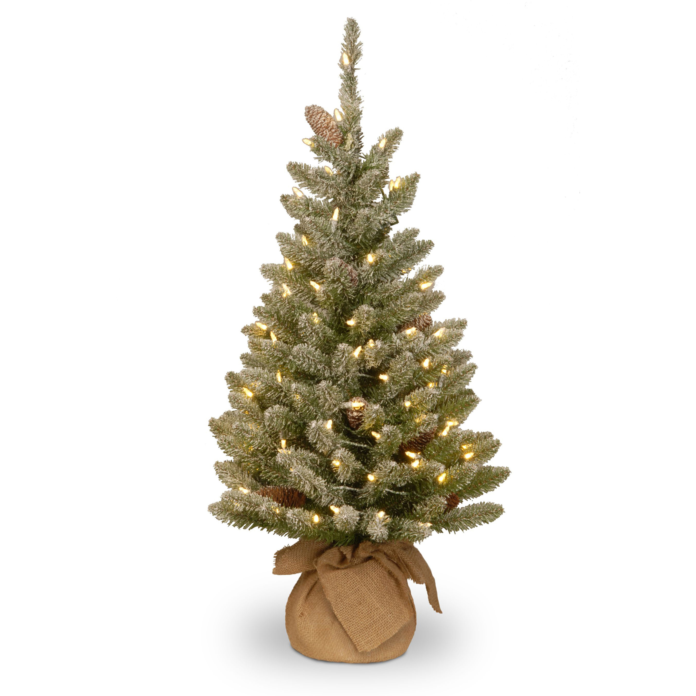 Kerstboom Snowy Concolor LED 91x51 cm met Dennenappels - 130 Tips - 50 leds - PVC - in Jute Zak