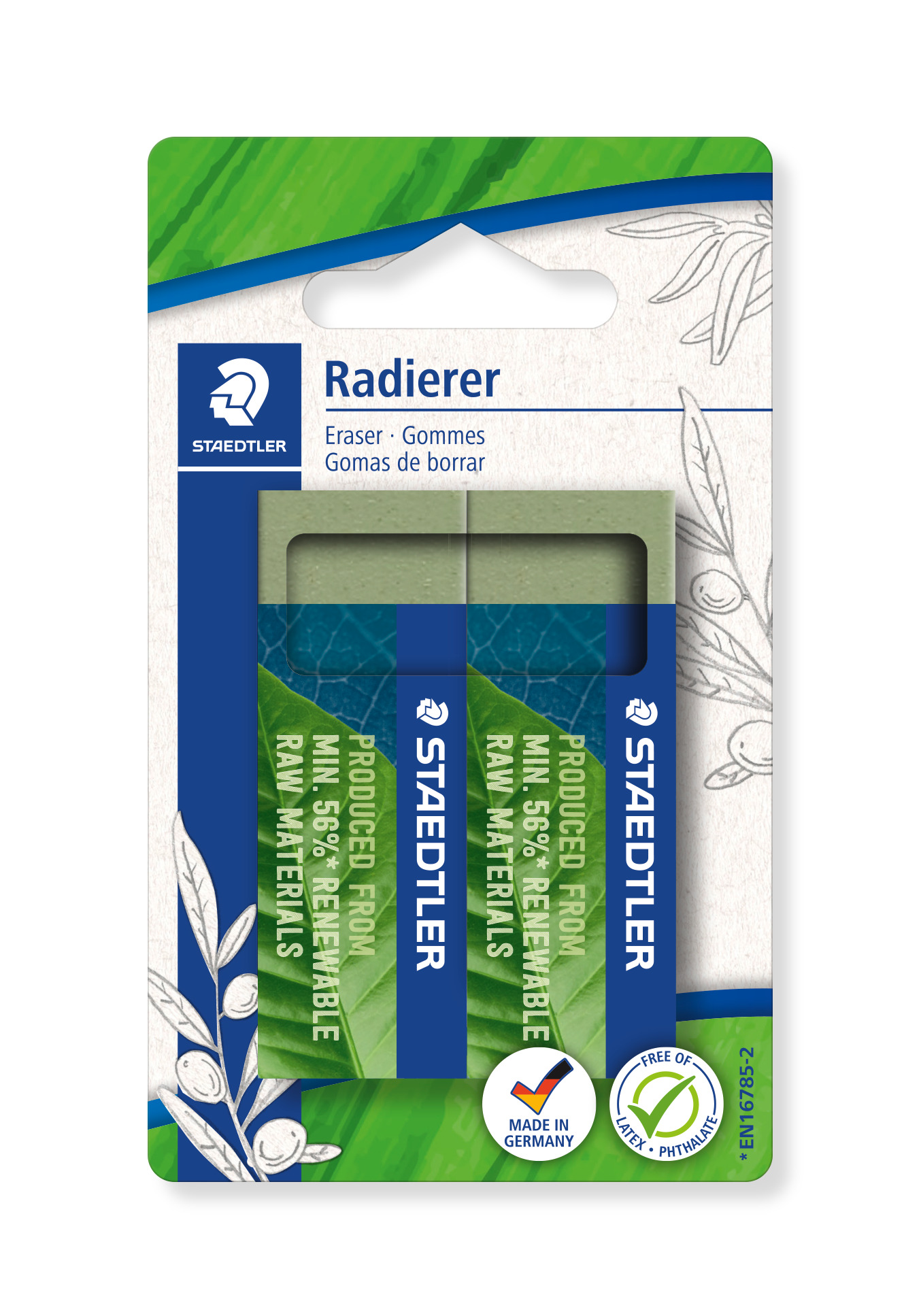 Staedtler Eco Gom 2 stuks Olijfgroen - 65x23x13 mm - Blister