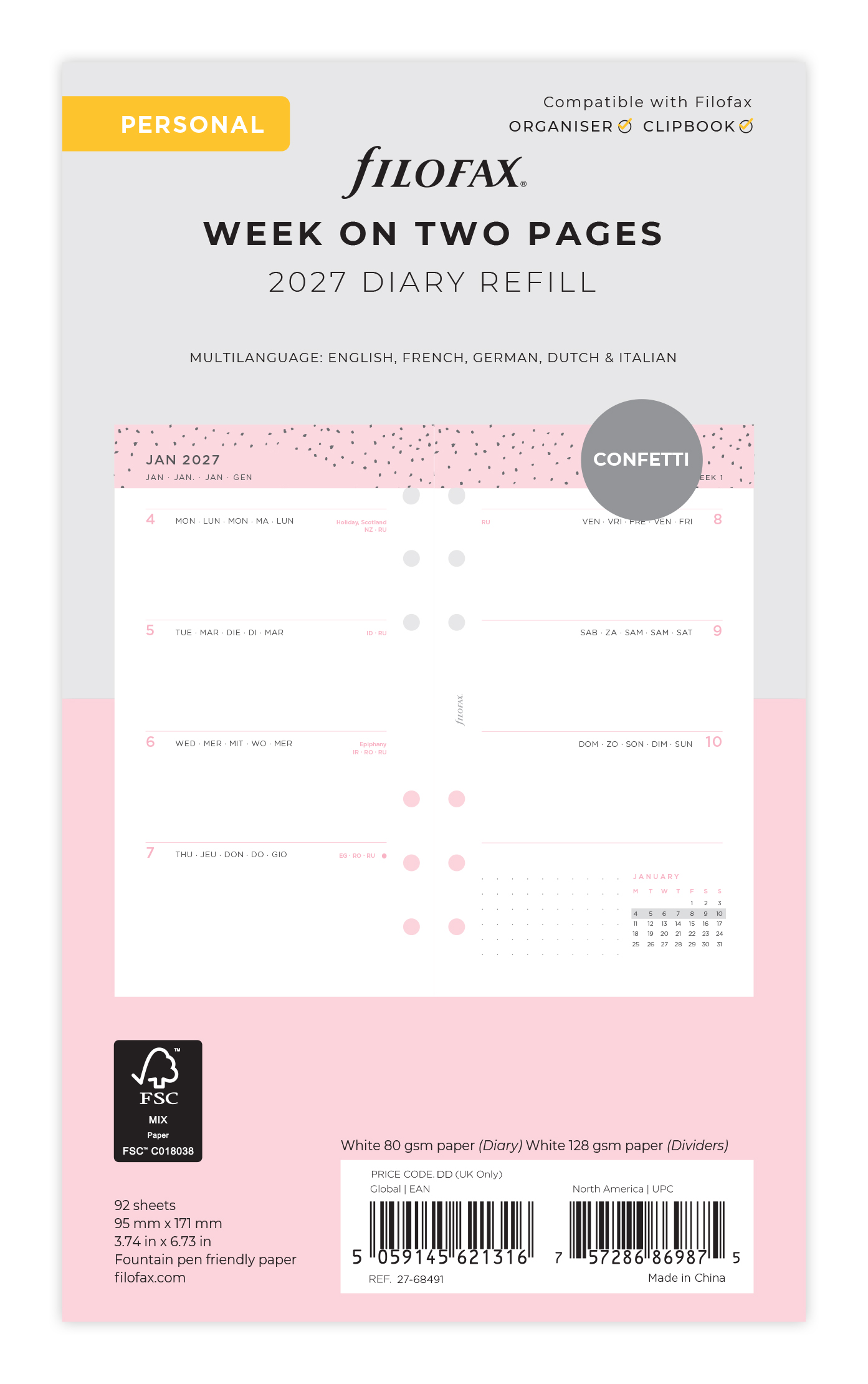 Filofax Agendavulling 2027 Confetti Personal Meertalig 1week/2pag 9.5x17.1 cm