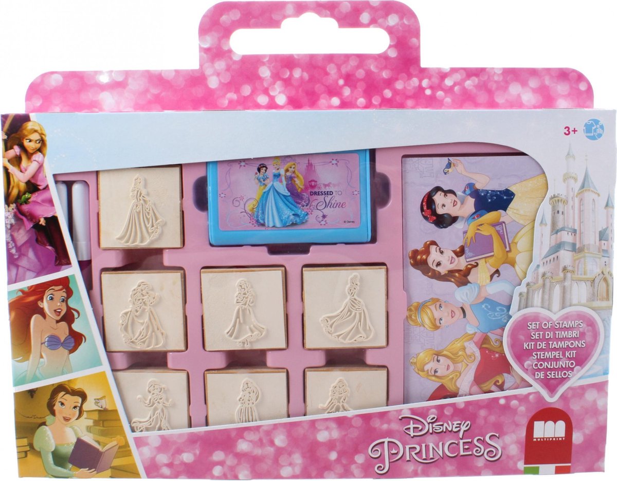 Disney Princess Stempeldoos 7 houten stempels, 3 stiften, inktkussen