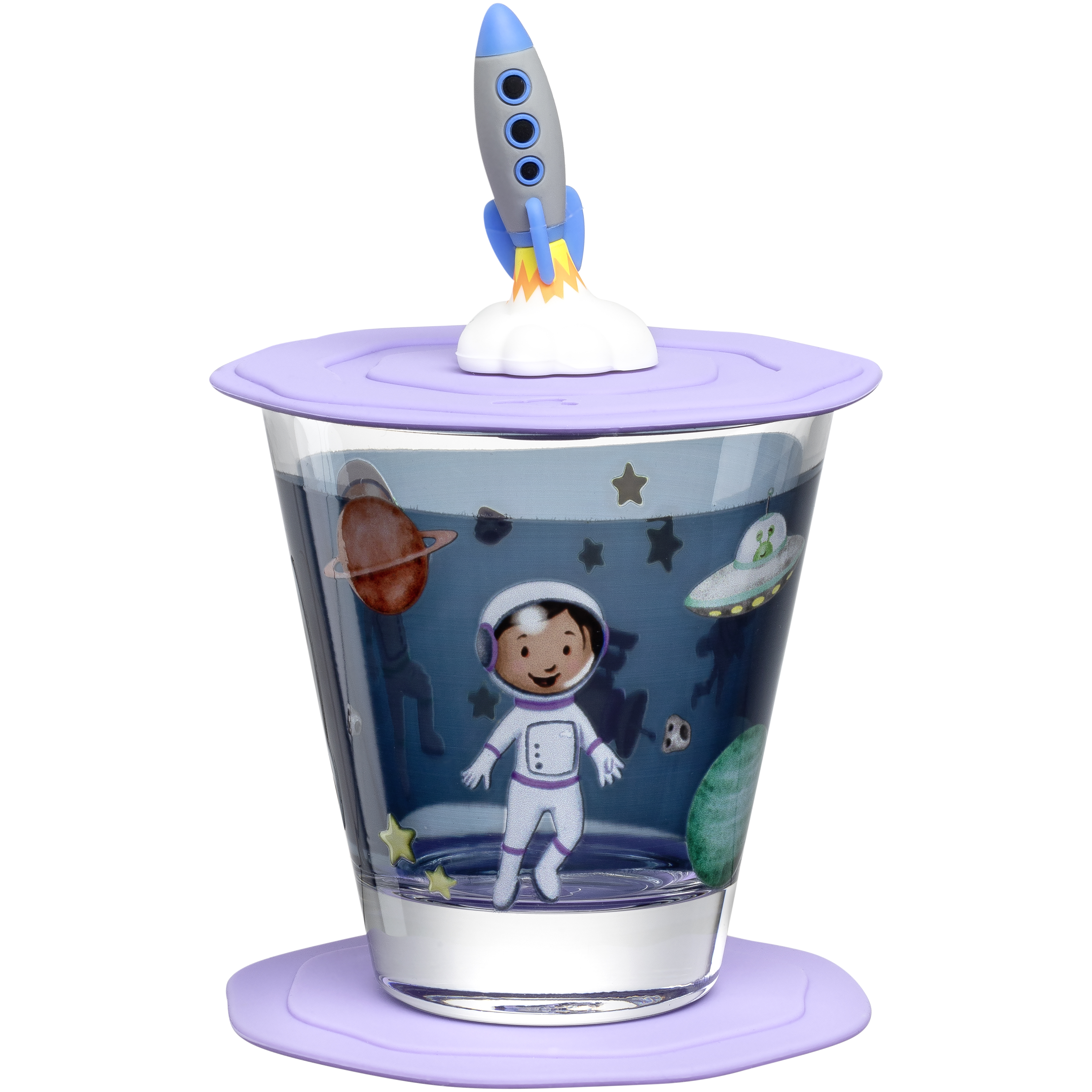 Leonardo Drinkglas Bambini Space 215ml met Deksel & Silicone Glasonderzetter - 10.8x10 cm - Deksel met Gleuf voor Rietje