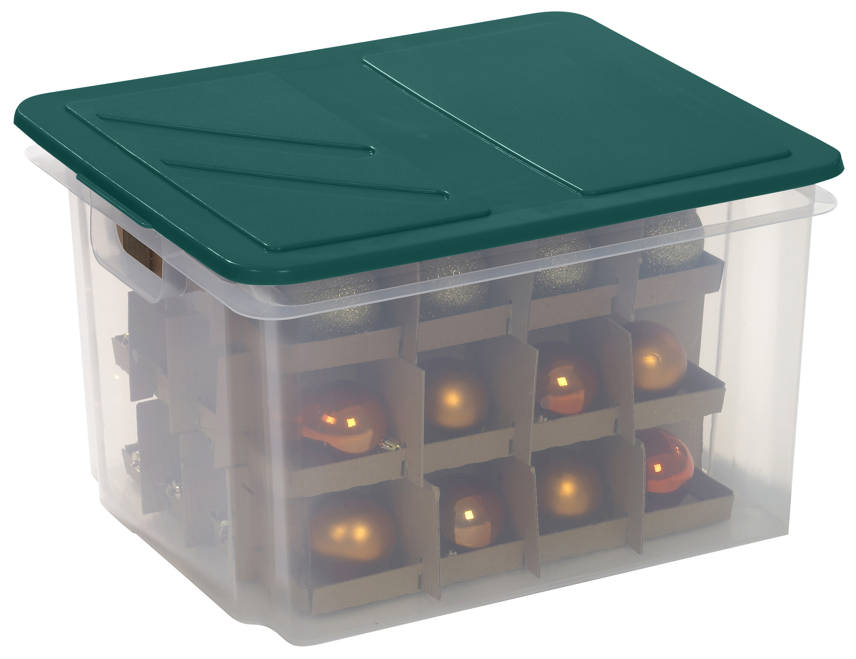 Kerstbox 30l - Inhoud 48 Kerstballen Transparant/Groen - 43x36x26cm