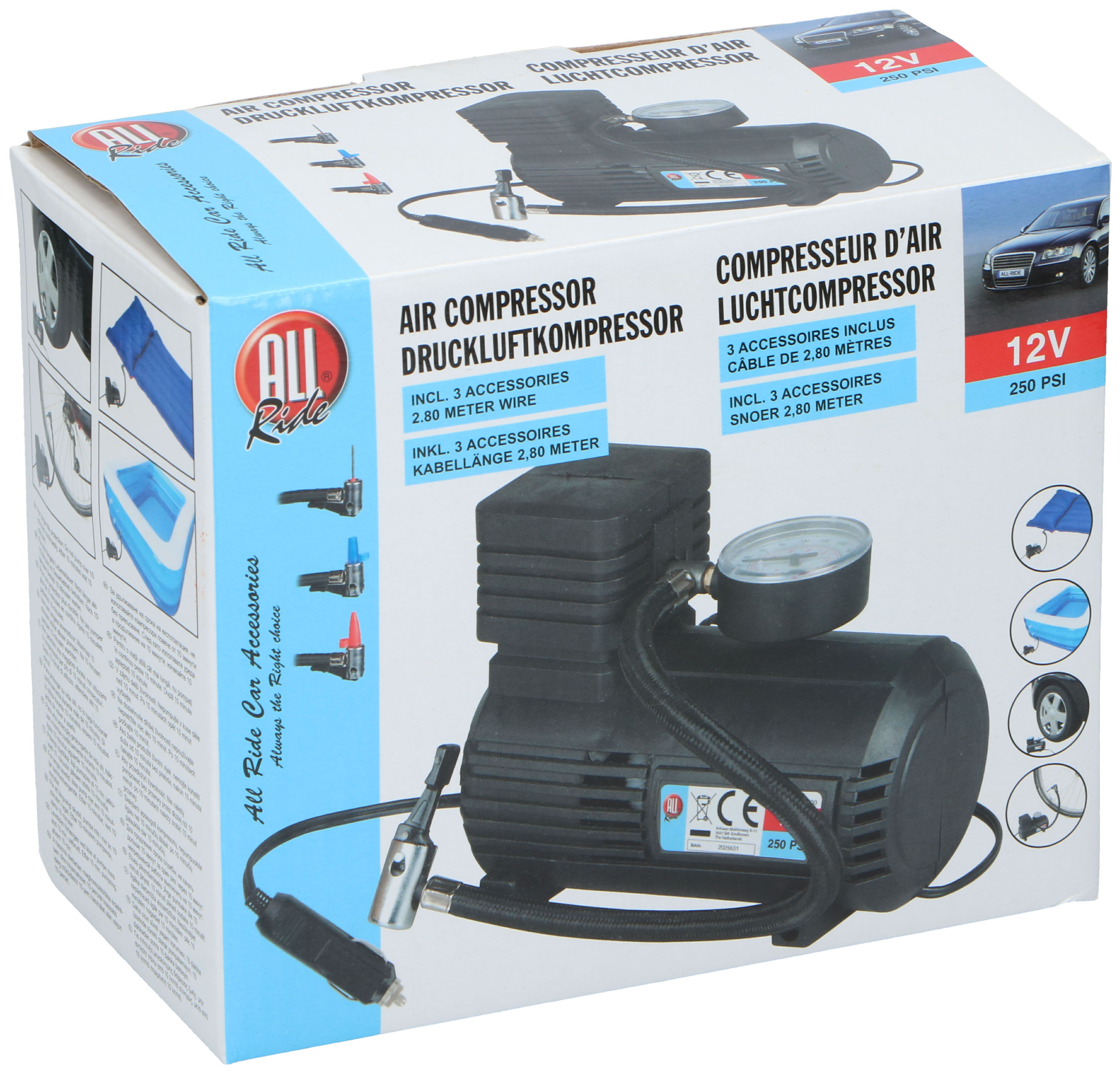 Mini compressor 12V 250 psi met manometer