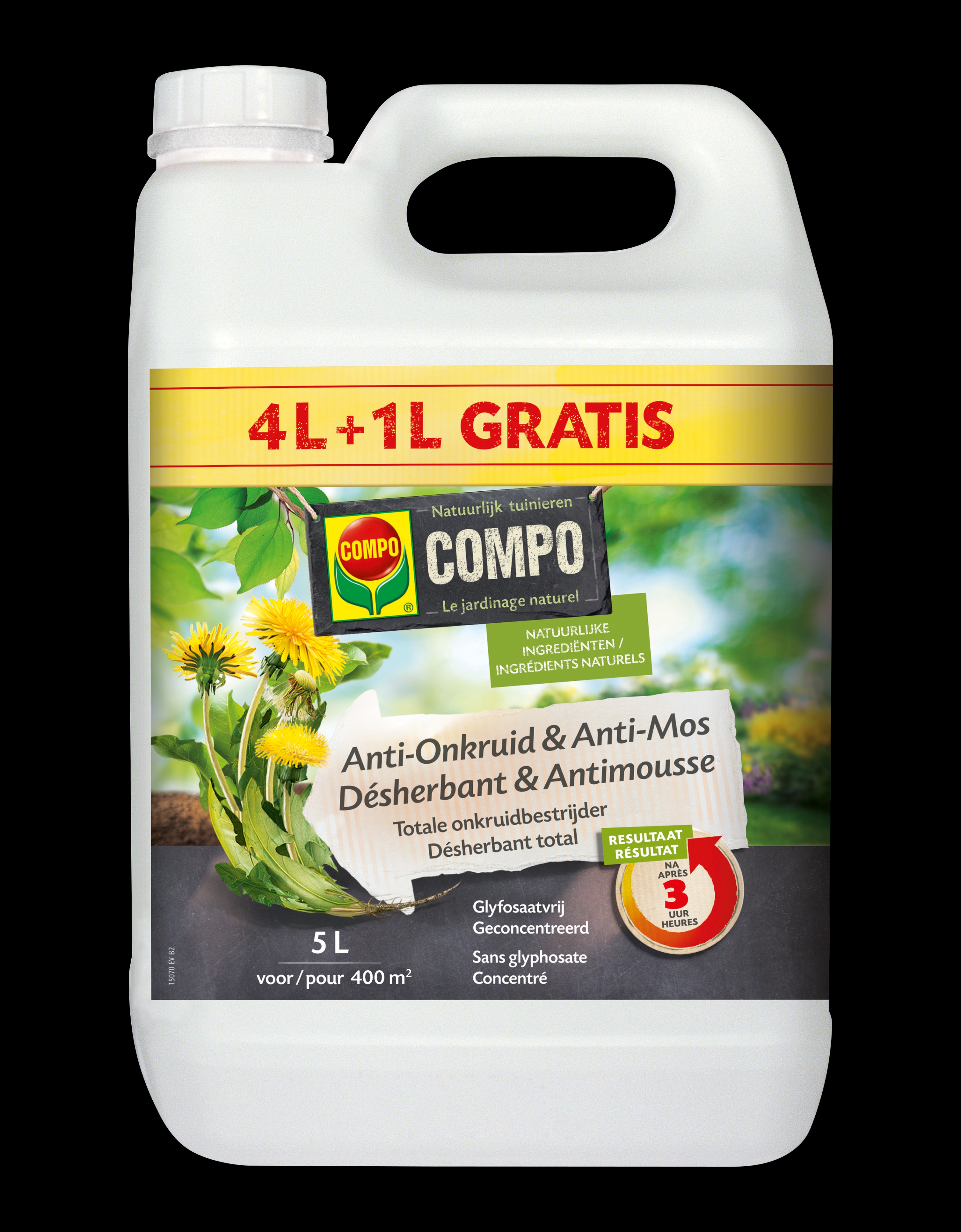 COMPO Bio Anti-Onkruid & Anti-Mos 4+1L droogt plant uit erk.nr10287g/b