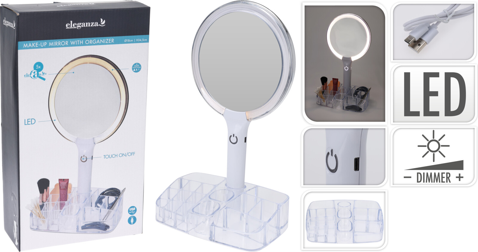 Make-up Spiegel LED 18cm met Organizer - Smart Touch - met USB-C Kabel
