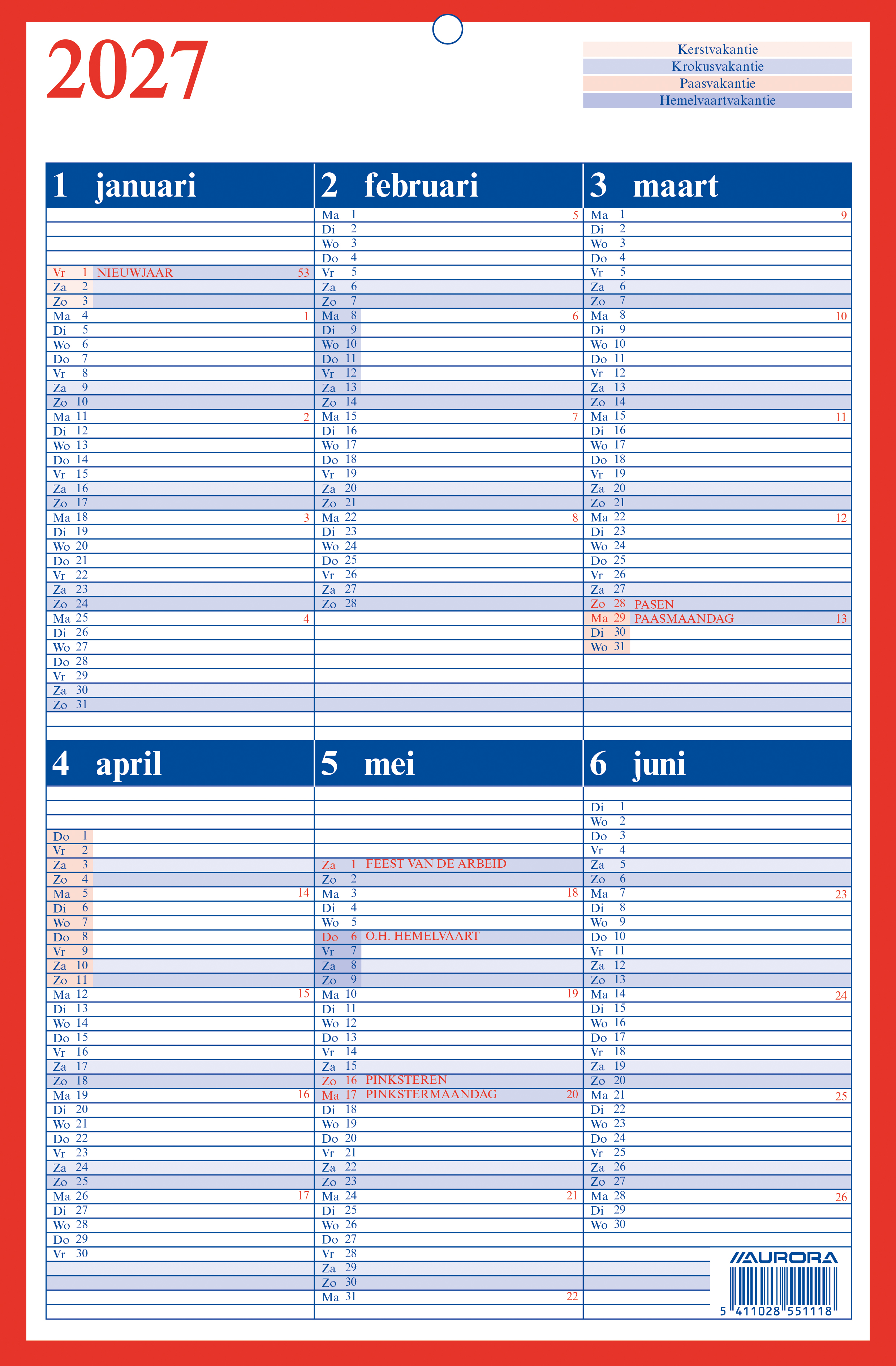 Aurora Mementokalender 2027 Nederlands 6maand/pag 21x32 cm