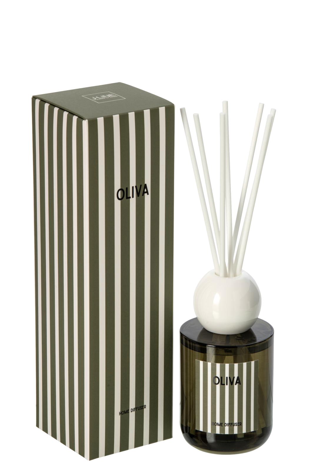 J-Line Geurdiffuser Oliva Bois Givré 200ml - Glas - 7.5x26.5 cm - Olijfgroen