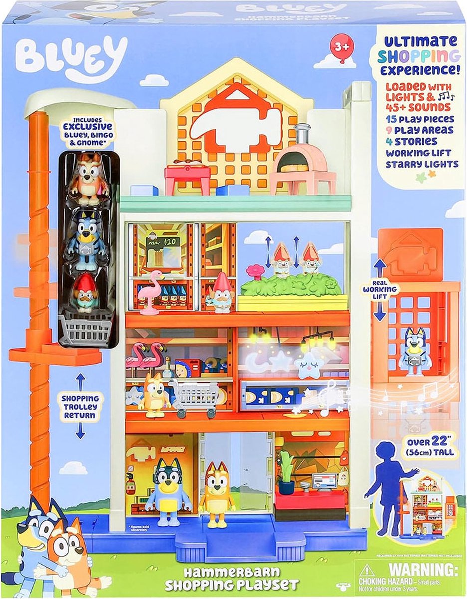 Bluey Hammerbarn Winkelcentrum speelset met licht en geluid, 3 figuren, 56 cm groot