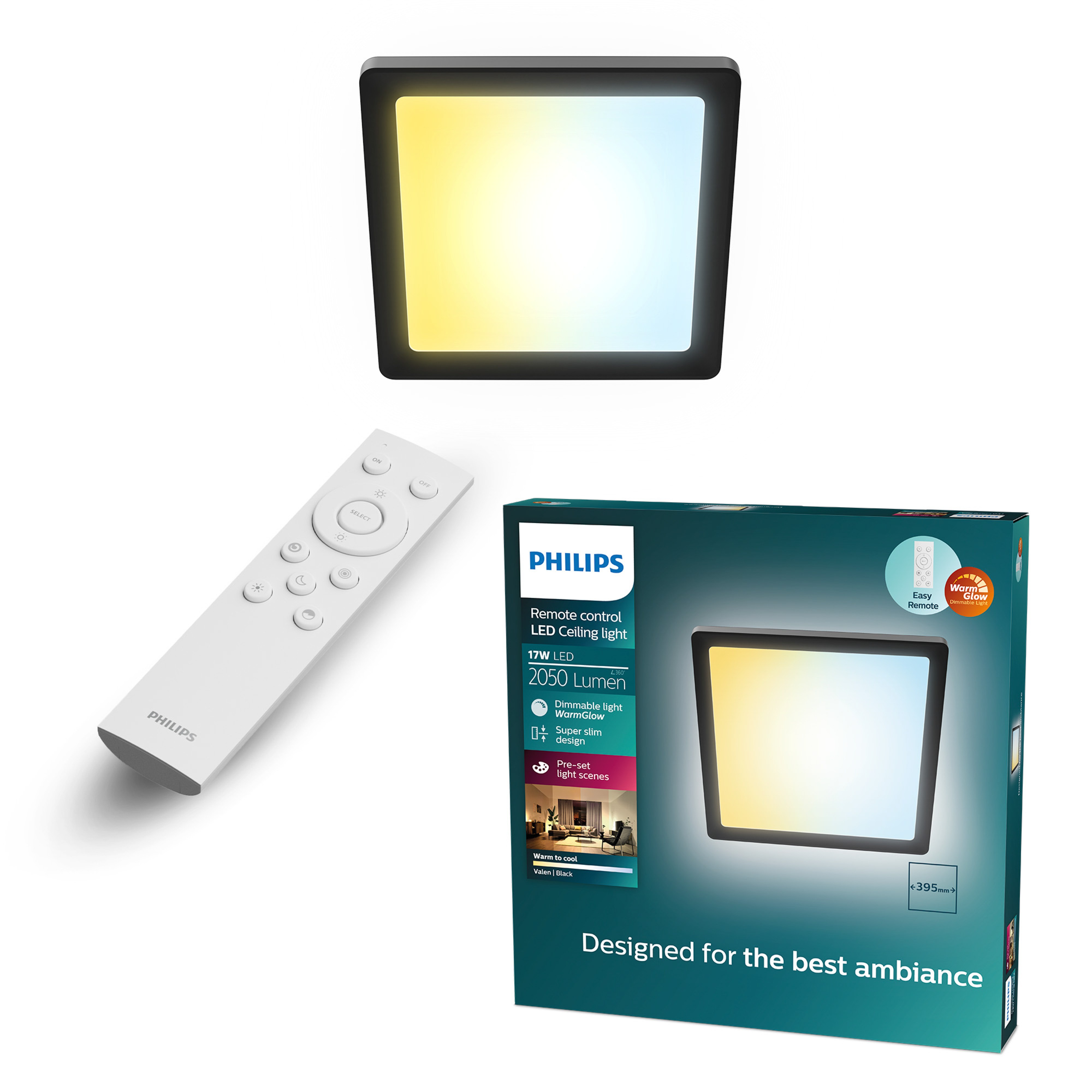 Philips Valen Plafondlamp Vierkant Zwart 39.5 cm 17W 2050lm 2200-6500K