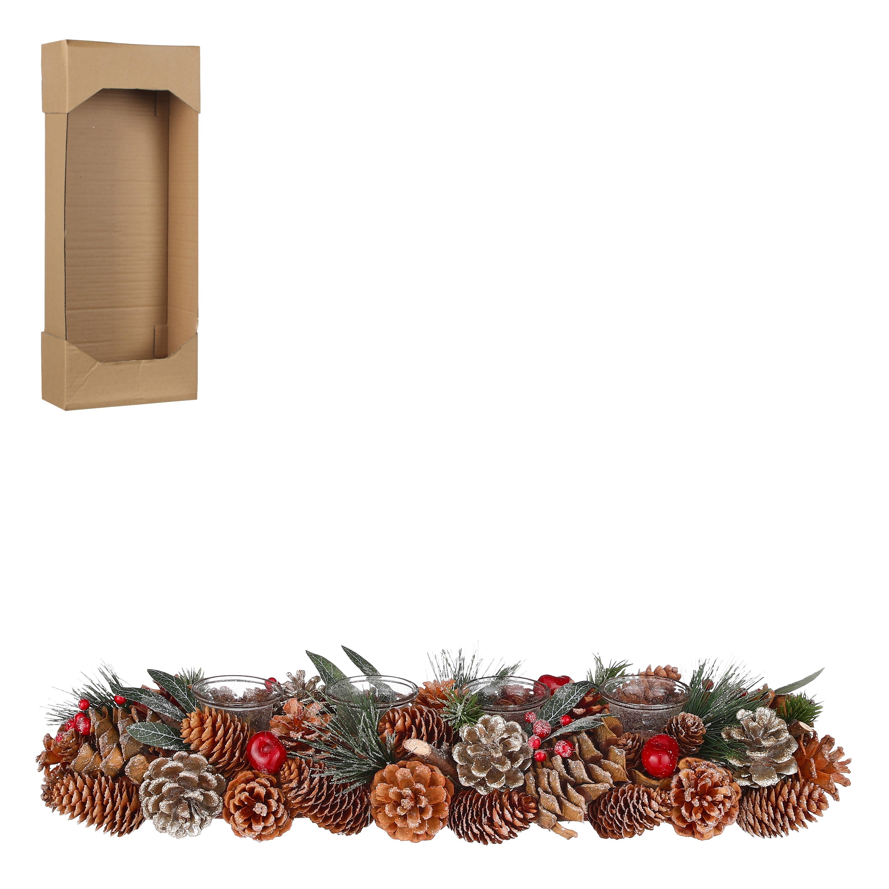 Mica Tafelstuk Milton Bruin met 4 Theelichthouders - 54x16.5x10 cm