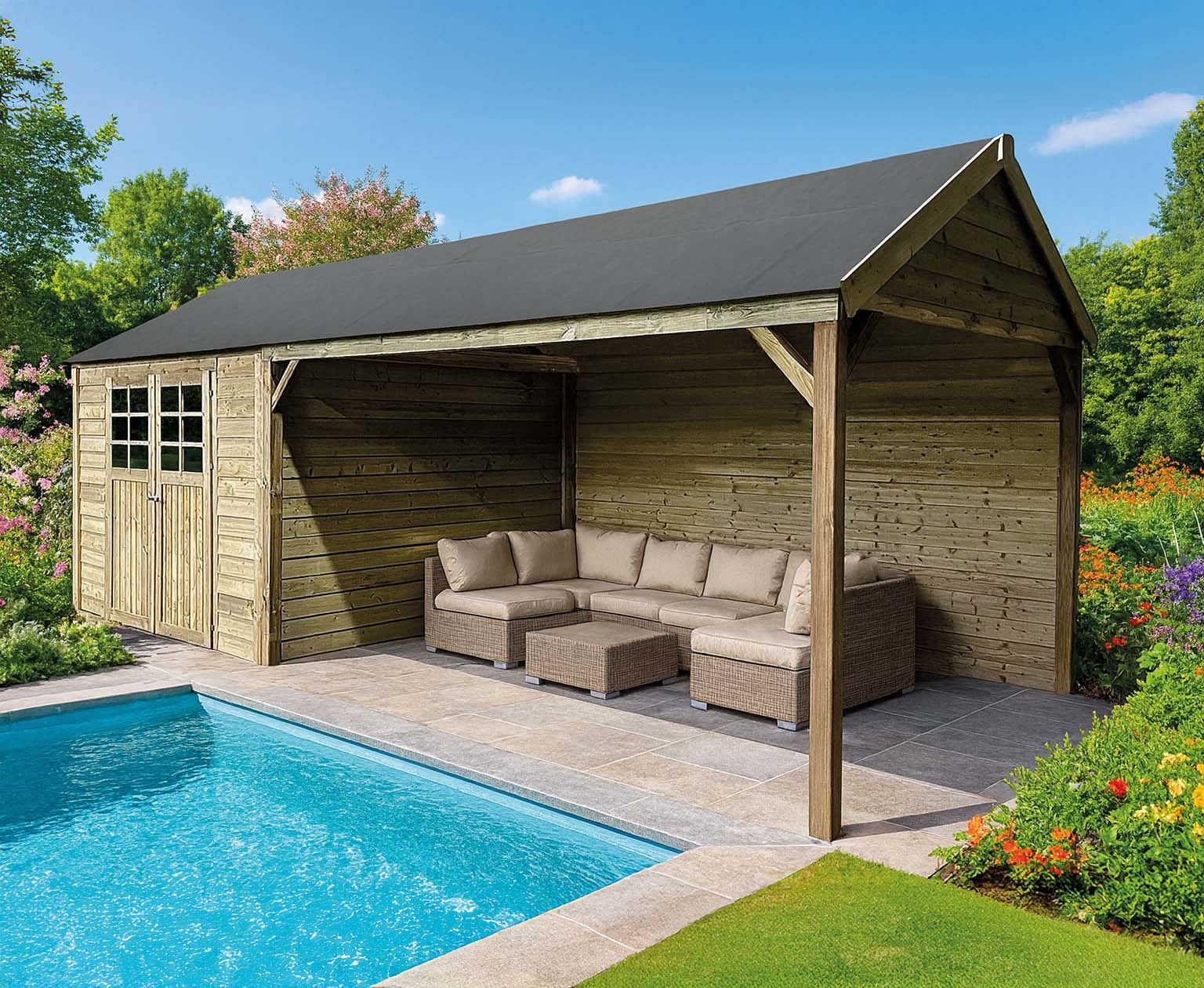 Solid Tuinhuis Cambrai  2960 + 3960 X 2960 mm  19 mm - Geïmpregneerd
