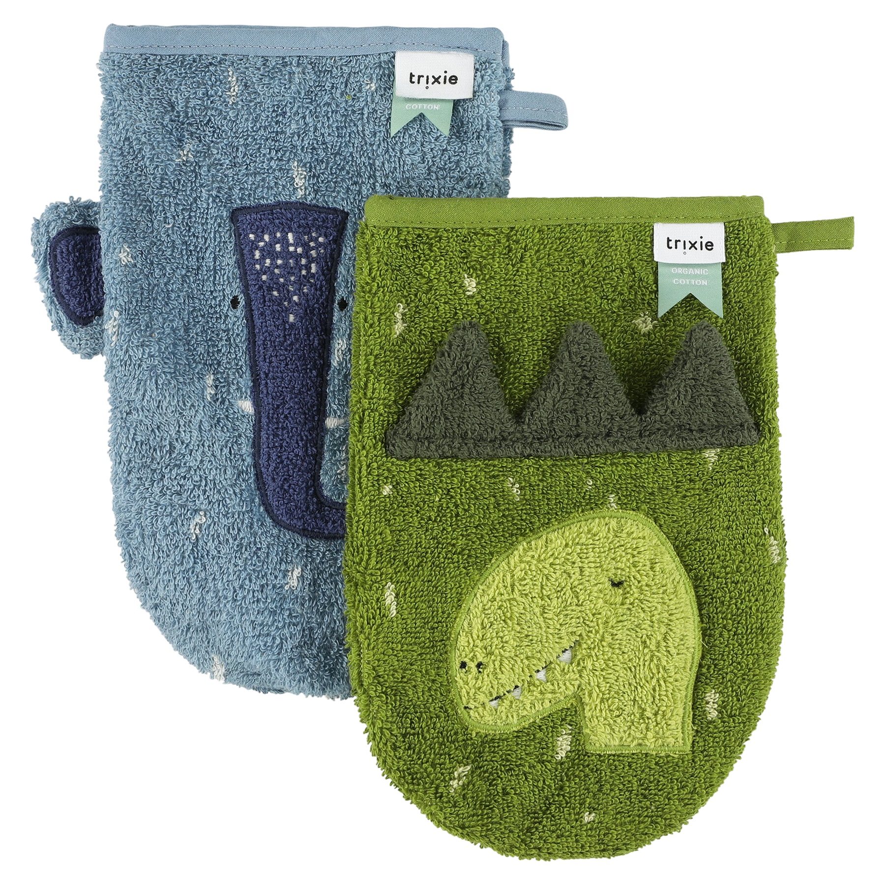 Trixie Washandje Mr. Dino-Mrs. Elephant Blauw-Groen - 2 stuks